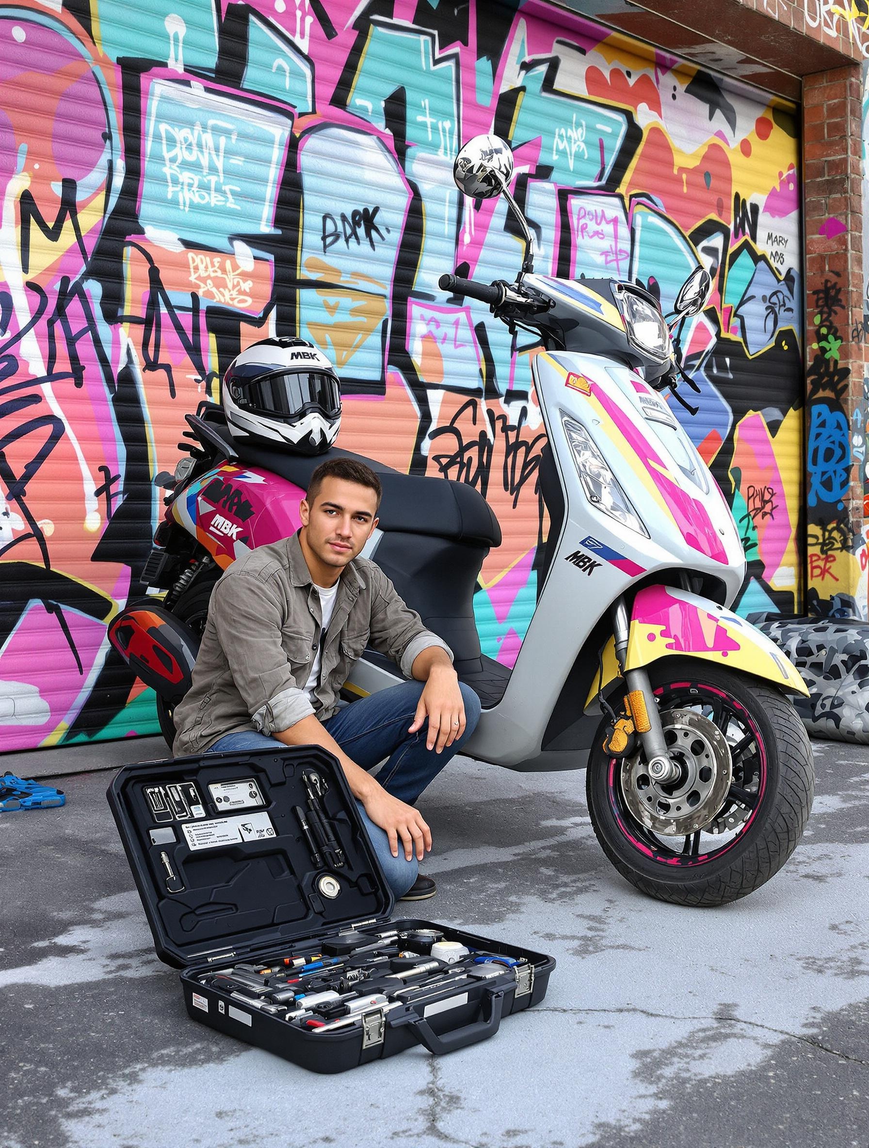 Jeune mécano urbain prêt à bichonner son MBK Booster Spirit devant son garage avec outils et casque