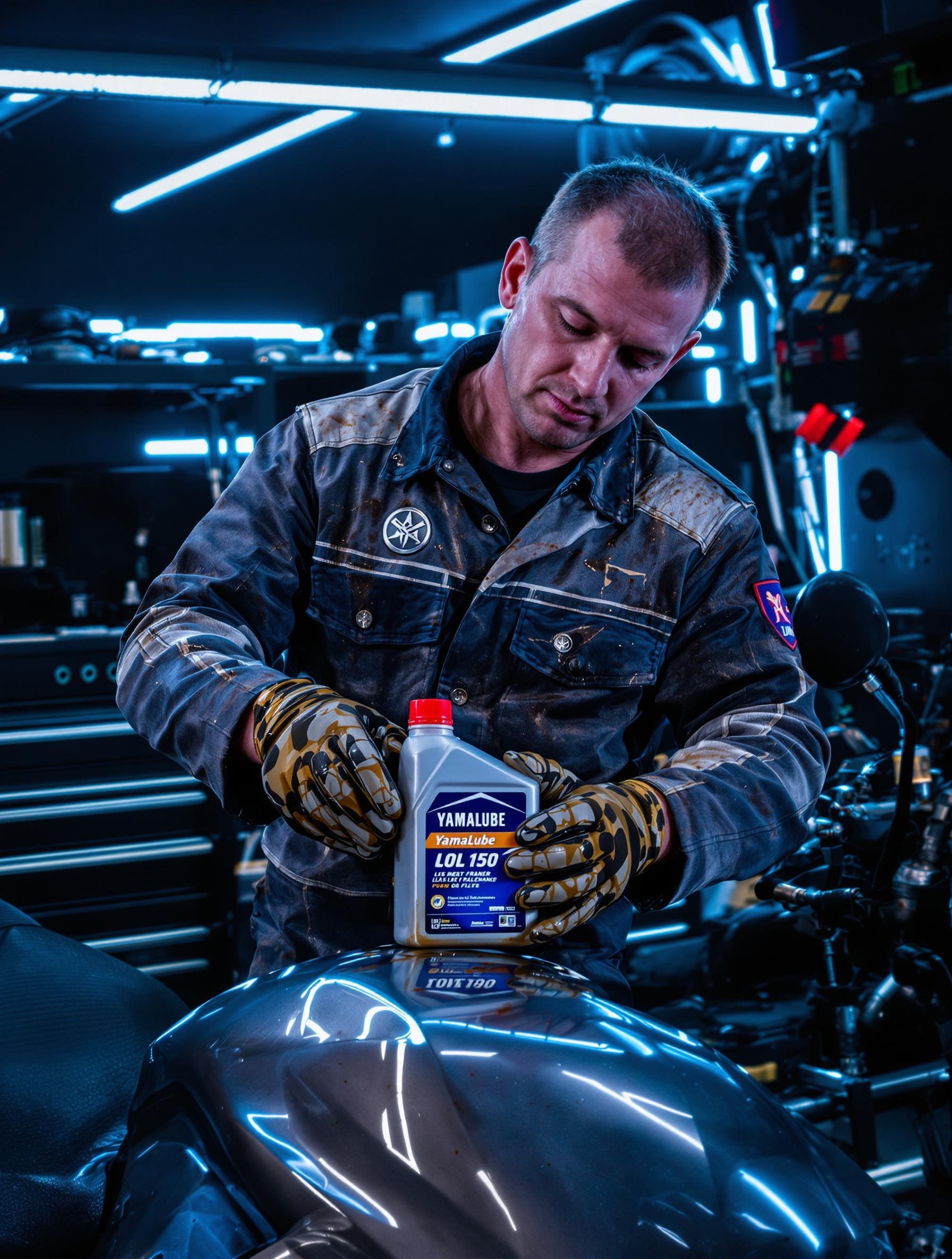 Mécano vidange huile sur Yamaha 125 garage néon Yamalube