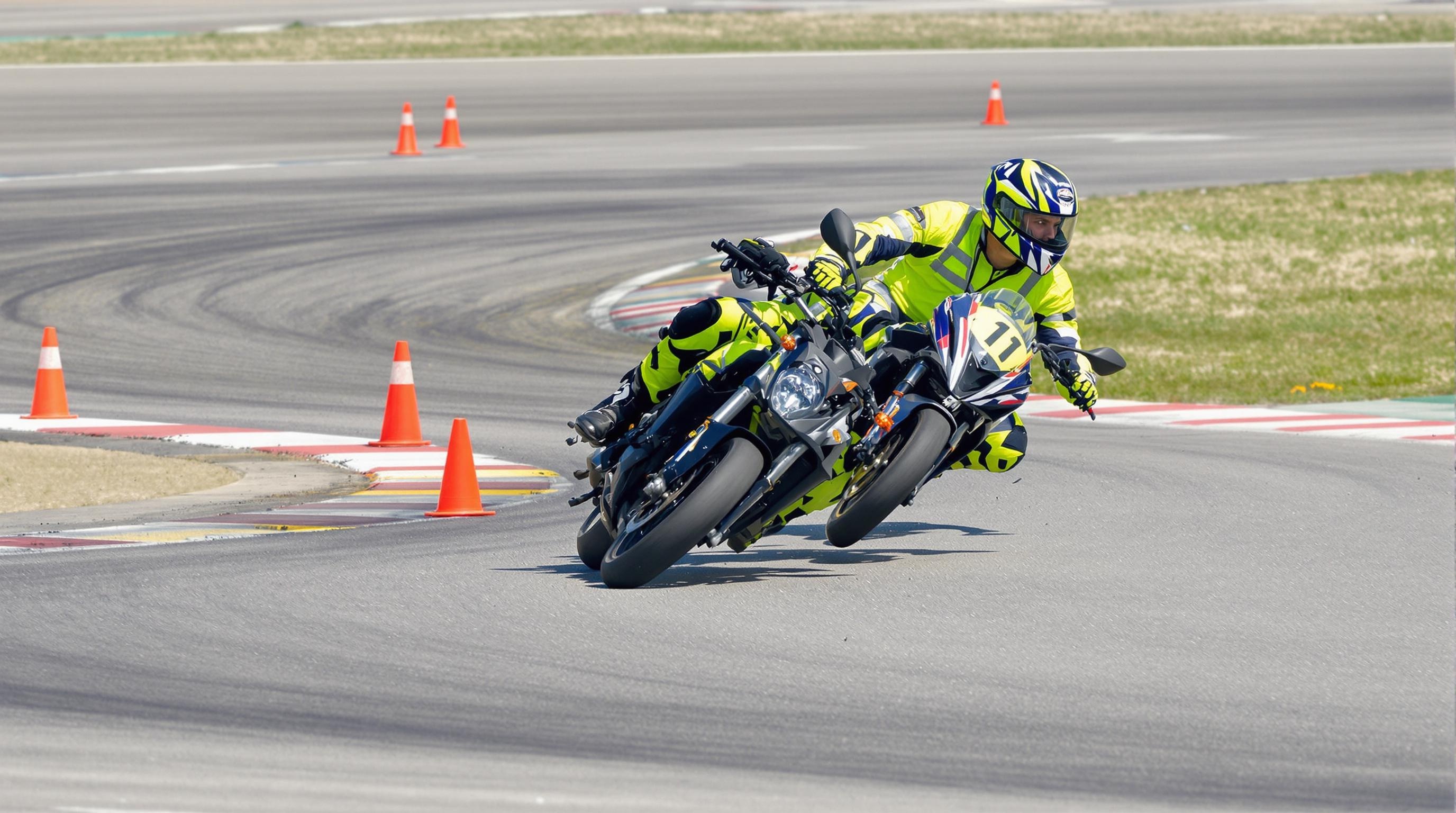 Moniteur et élève sur piste moto, cônes orange, moto 125 cm³ en virage serré, combinaison fluo.