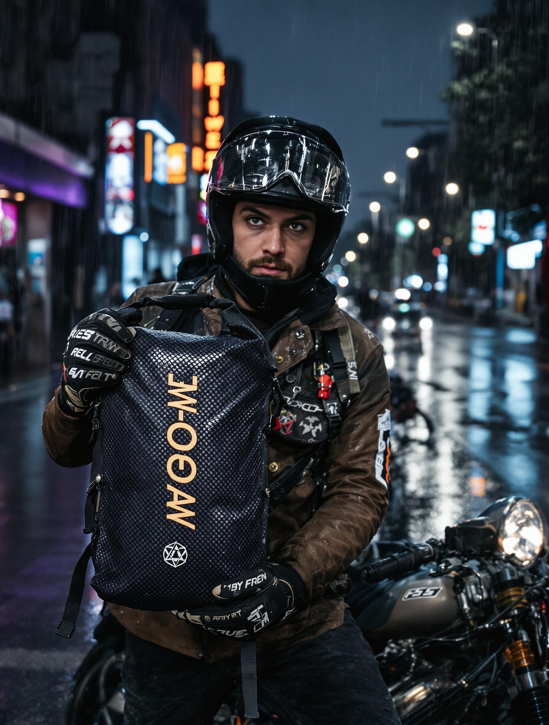 Motard baroudeur urbain avec un sac étanche waterproof high-tech