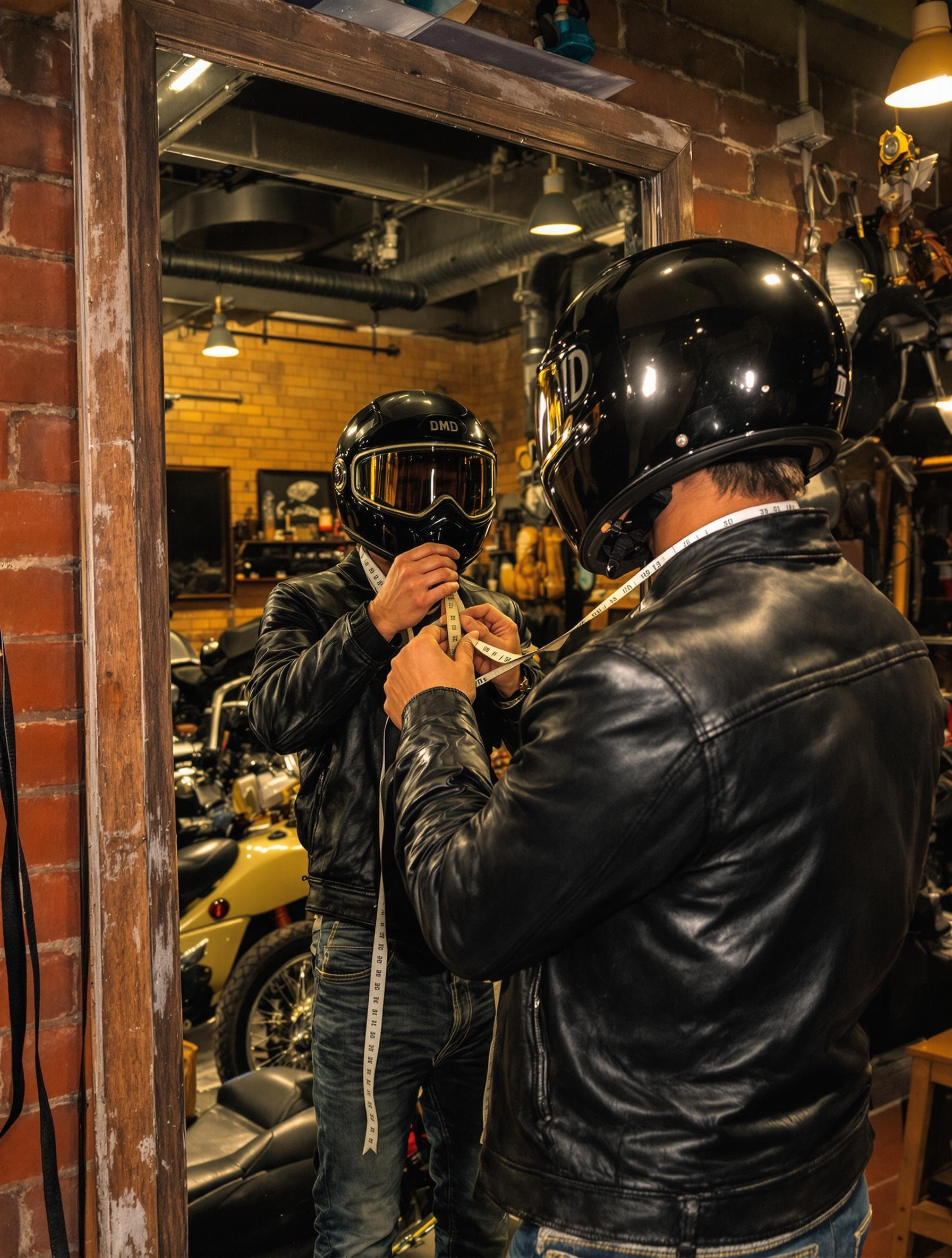 Motard essayant casque DMD vintage avec mètre ruban devant miroir atelier urbain rétro