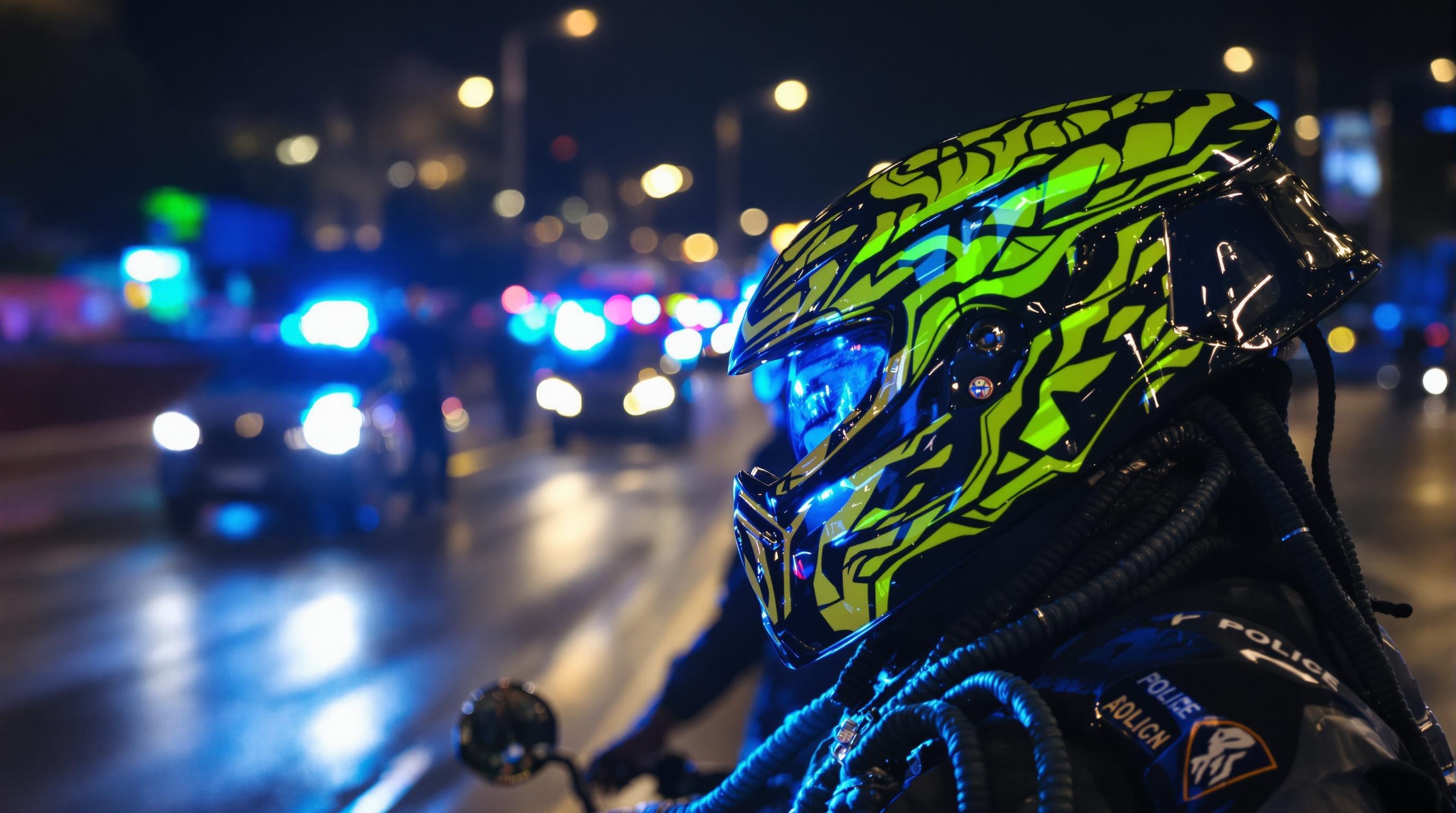 Un motard stoppé sur le périphérique par la police à cause d'un casque Predator, ambiance urbaine de nuit, gyrophares, casque stylé mis en avant.