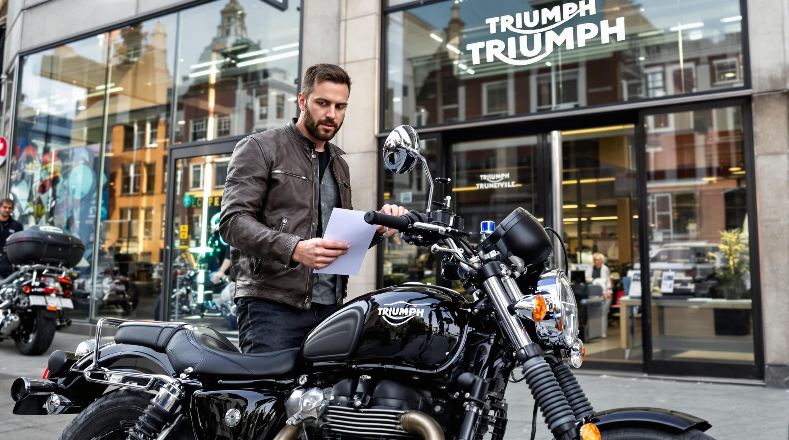 Motard avec check-list dans une concession Triumph Bonneville urbaine