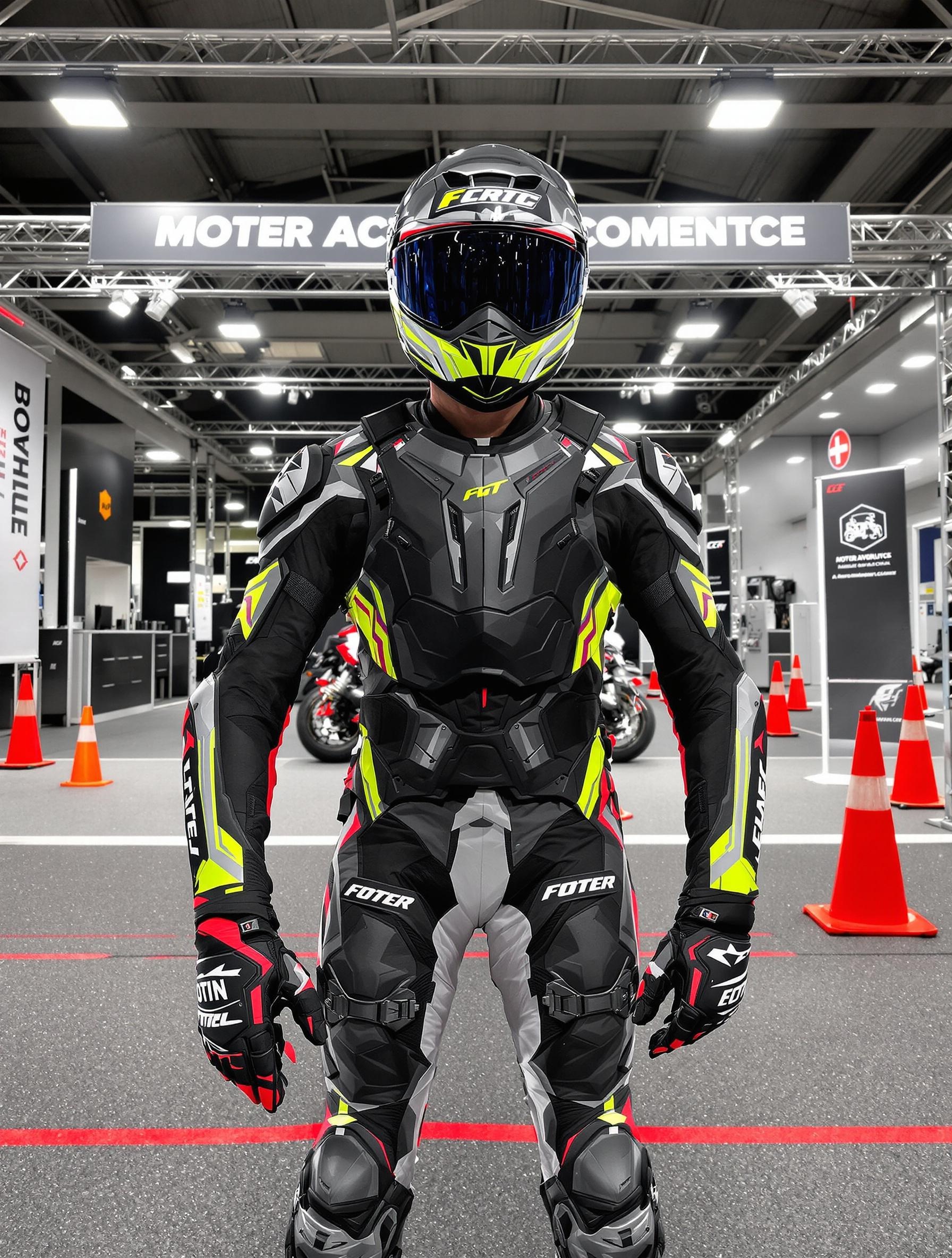 motard en équipement complet EPI certifié (casque intégral CE, blouson moto homologué, gants renforcés, bottes montantes CE et protection dorsale), sur fond de stand de stages pilotage moderne