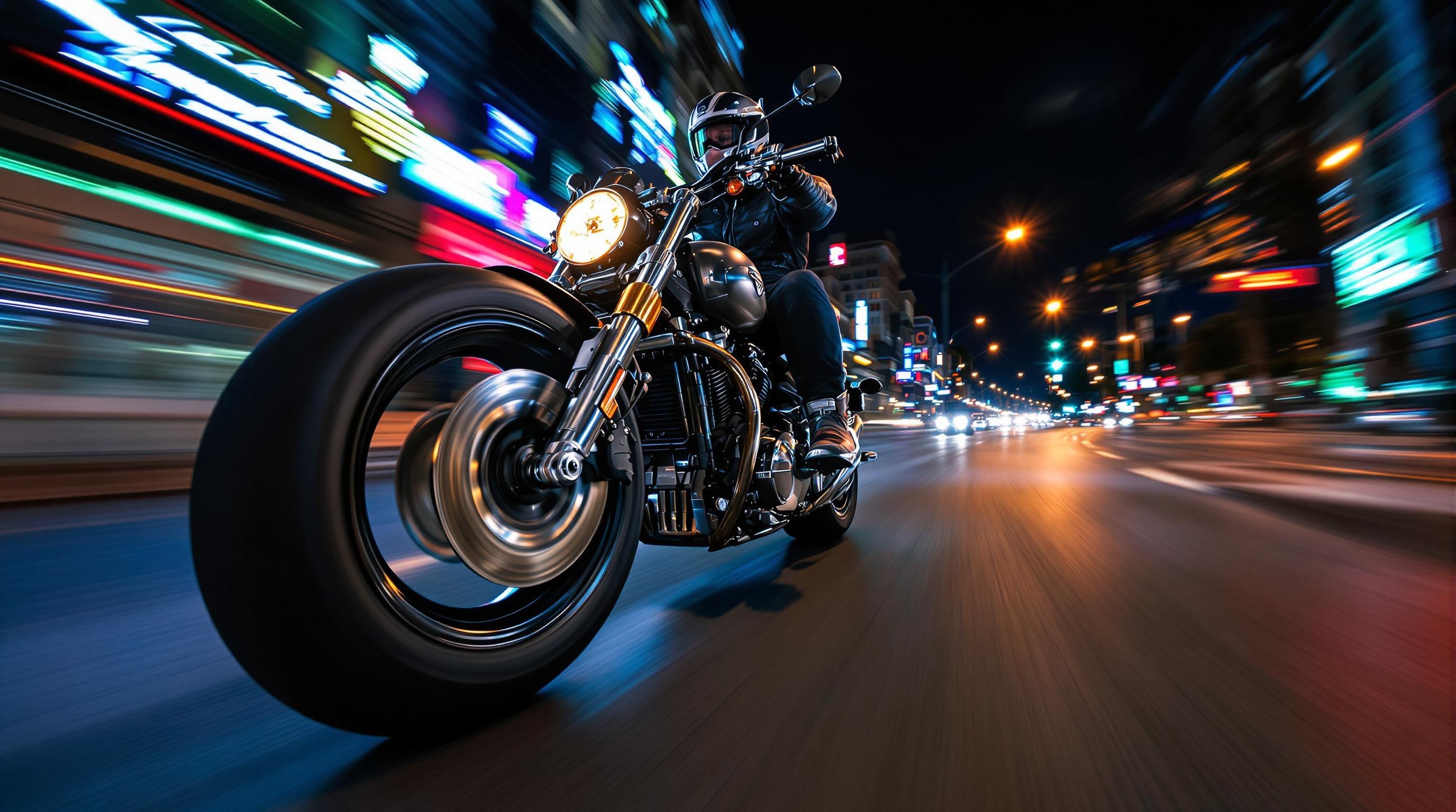 motard roulant en ligne droite, effet gyroscopique, périphérique parisien de nuit