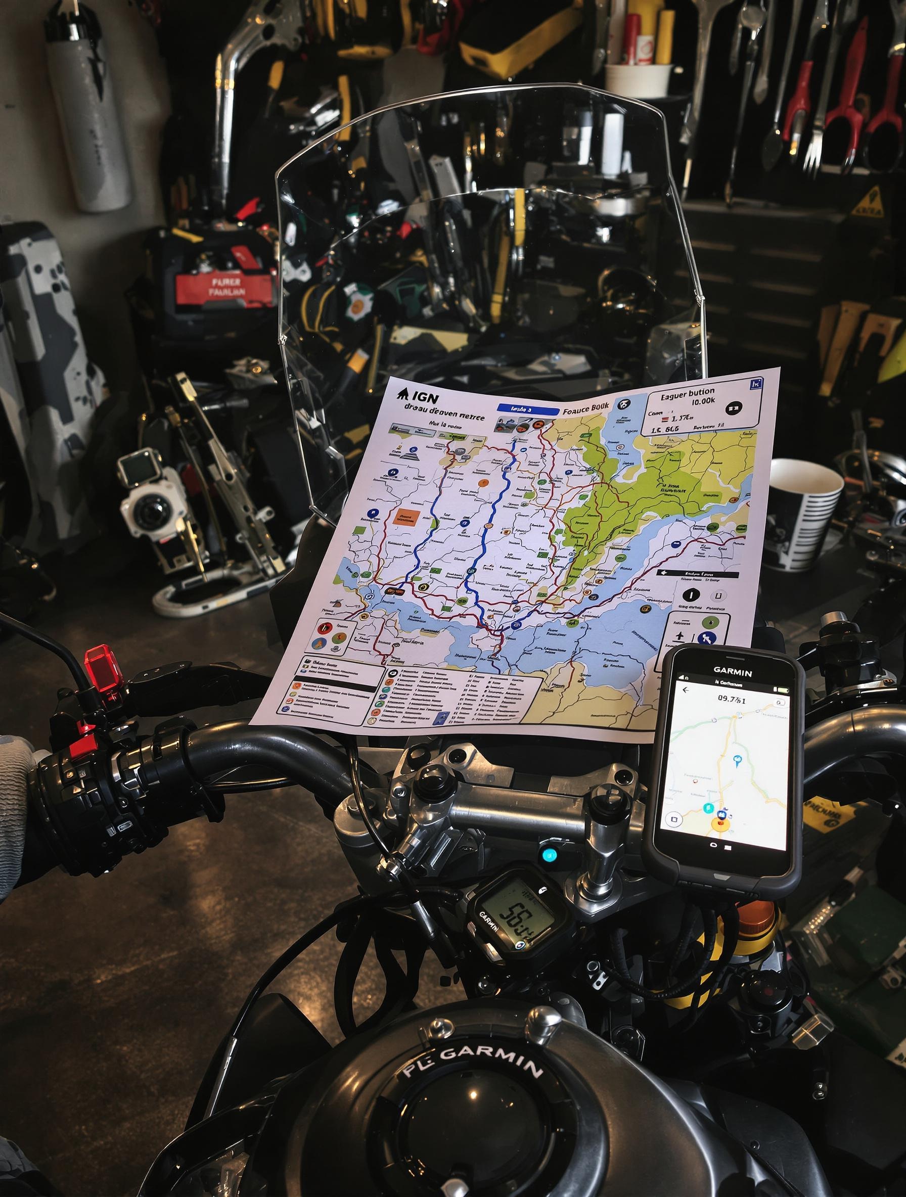 motard préparant roadbook papier et GPX, carte IGN sur guidon