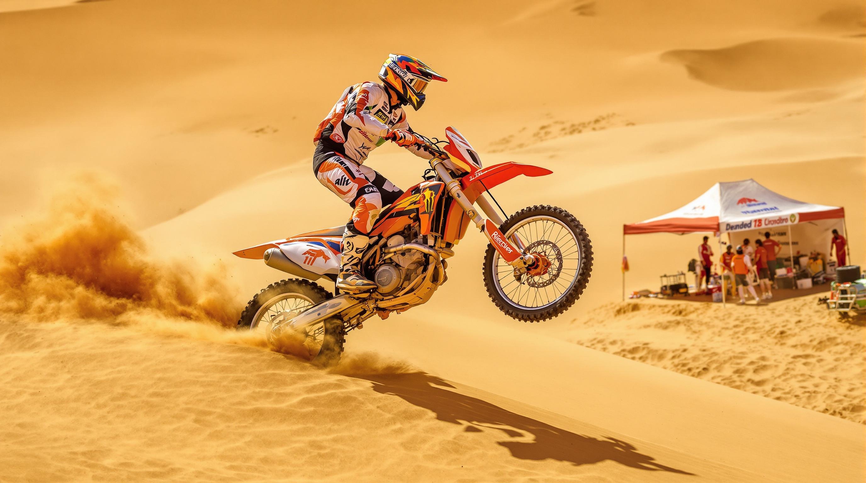 Motard de rallye-raid franchissant une dune avec l’assistance de son équipe dans le désert