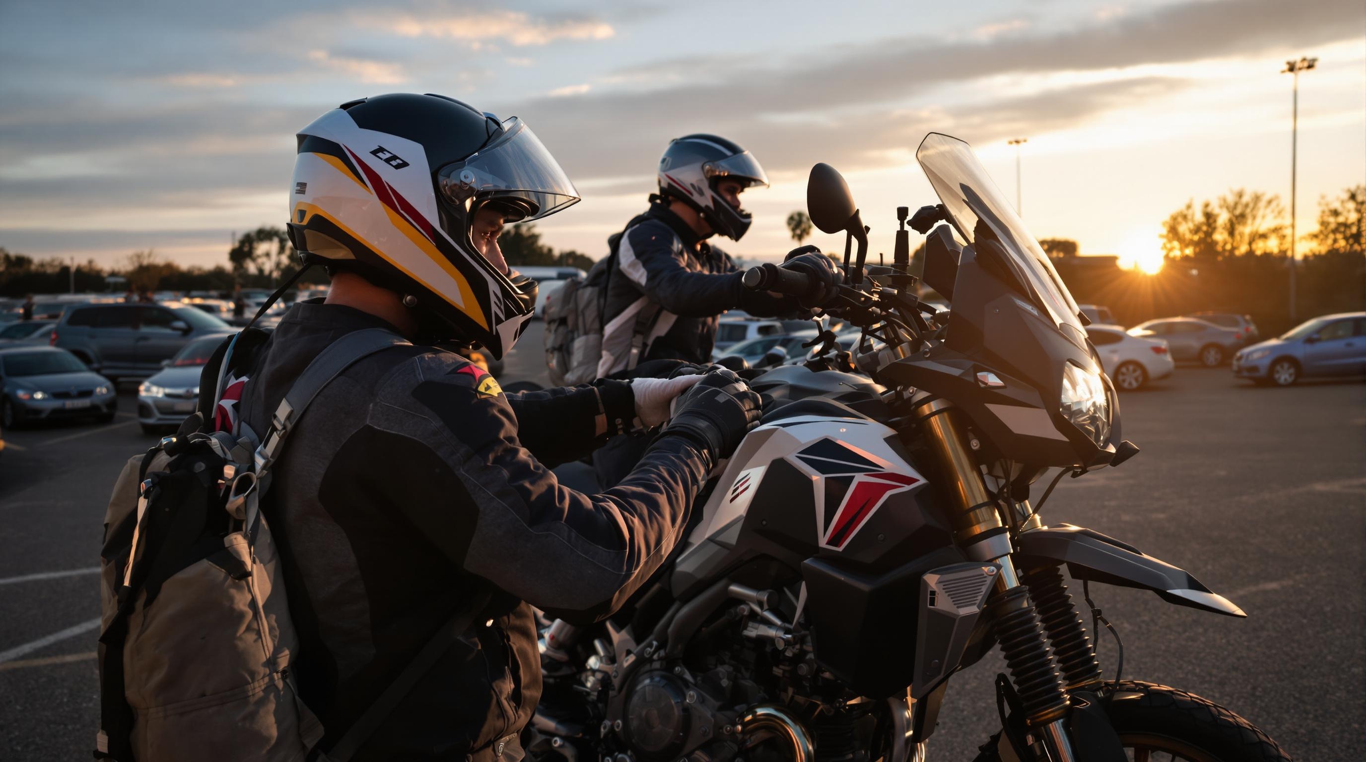 motard ajustant la charge des bagages et la précharge pour un passager, sur un parking