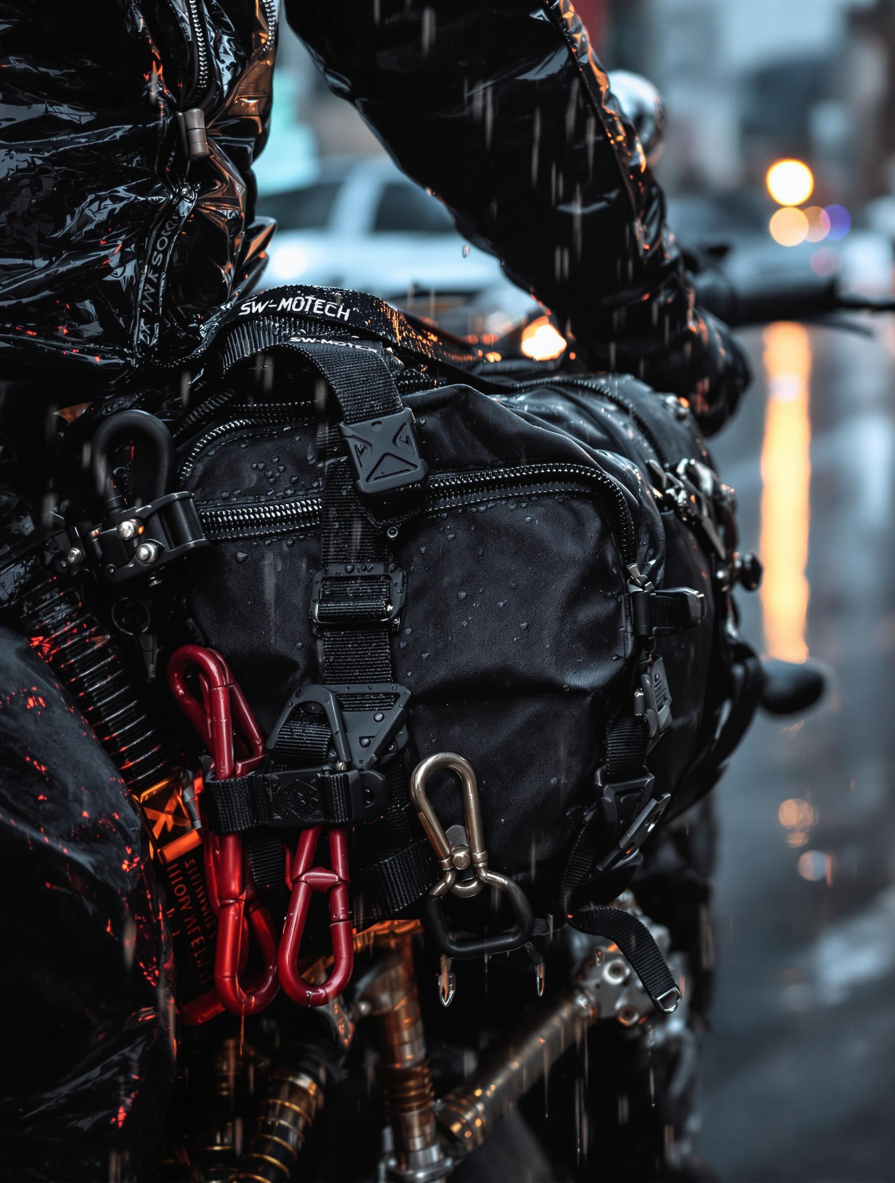Motard baroudeur en blouson cuir fixant un sac étanche SW-Motech sur sa moto sous la pluie