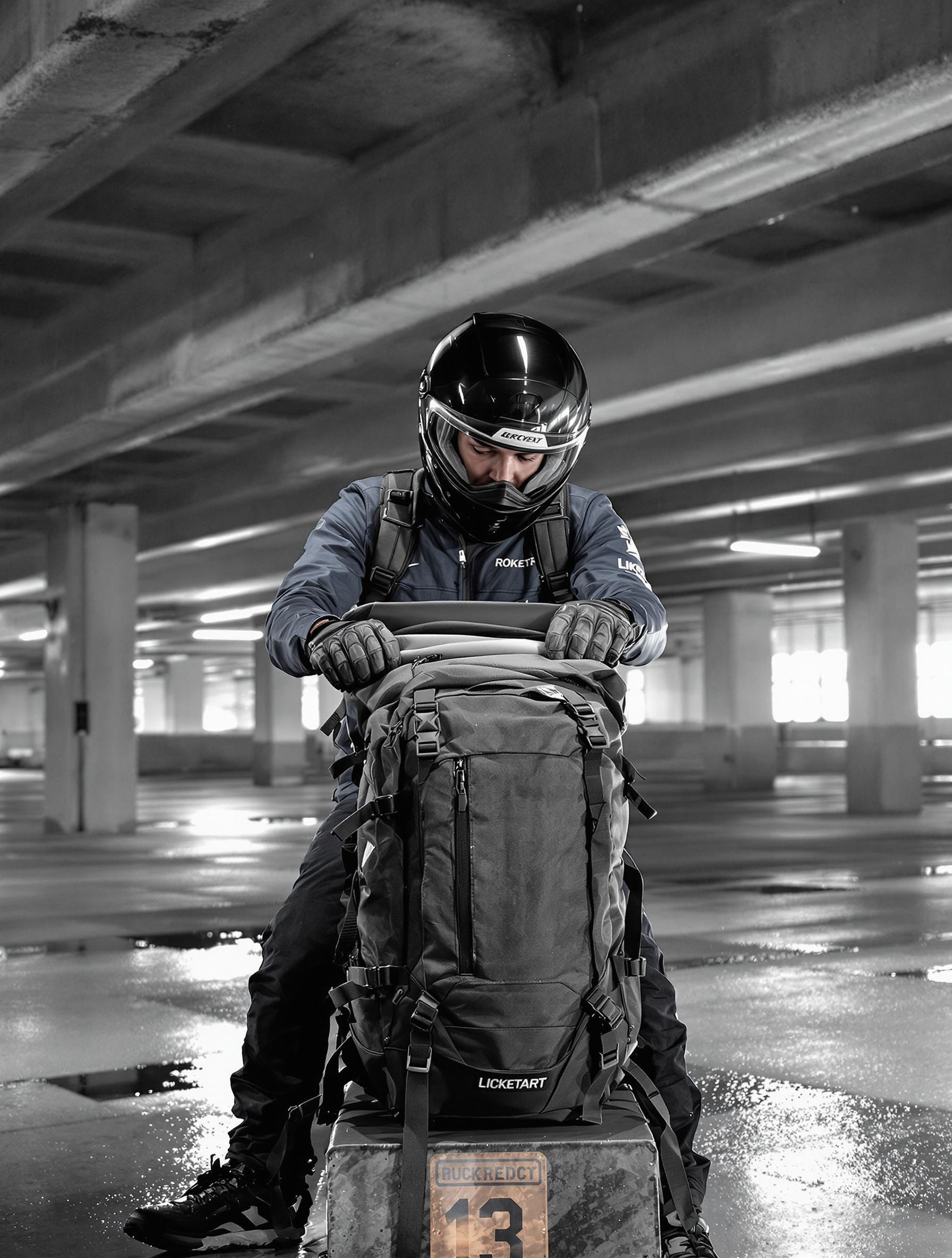 Motard testant l’étanchéité d’un sac à dos waterproof avec la méthode du soufflet