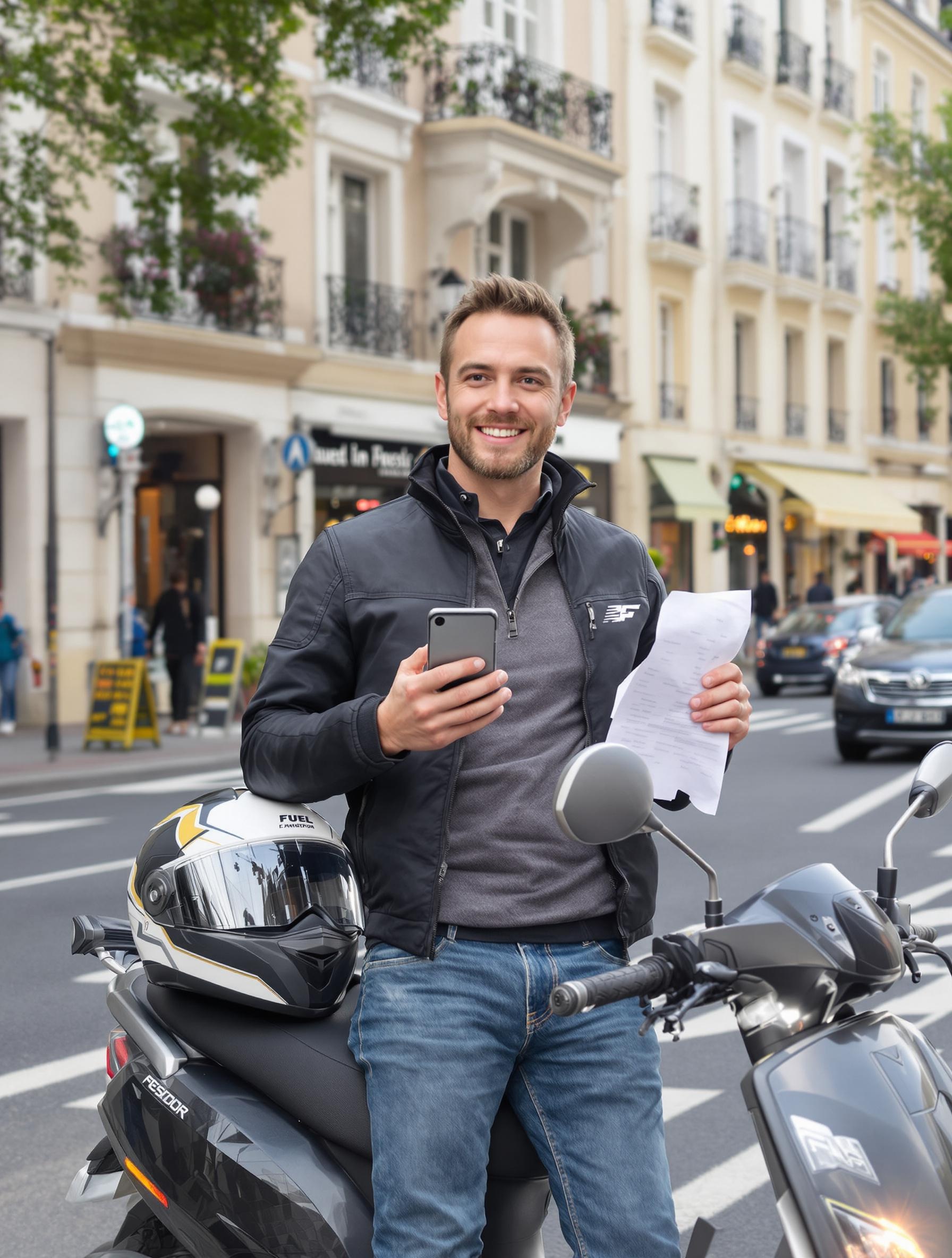 motard urbain appli carburant scooter ticket caisse sourire