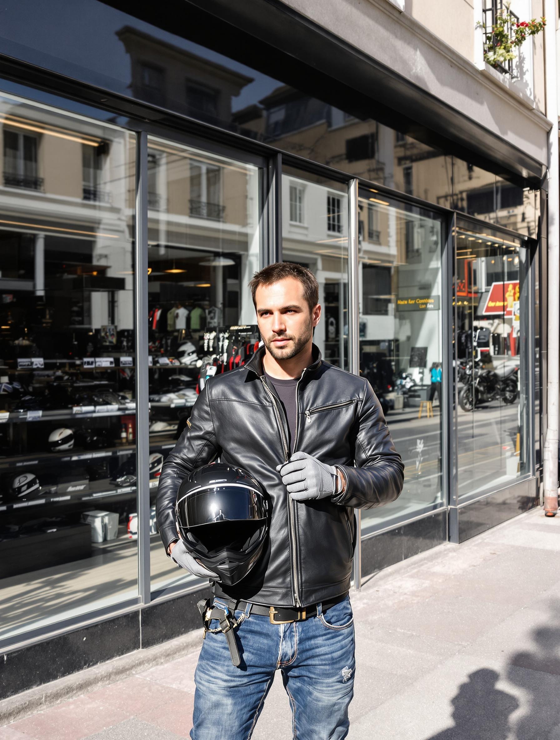motard urbain prêt à rouler sortir du magasin d'équipement moto