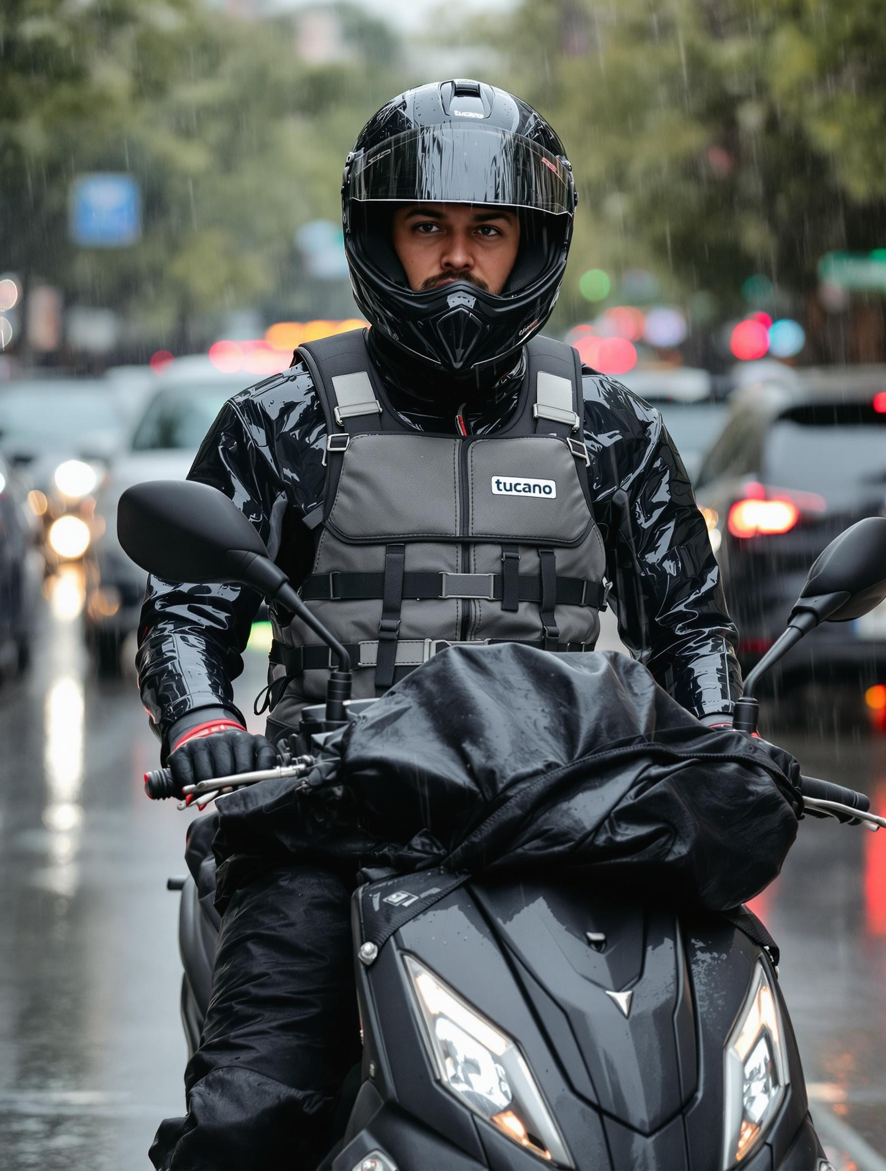 motard urbain Tucano Urbano sous la pluie parfaitement équipé
