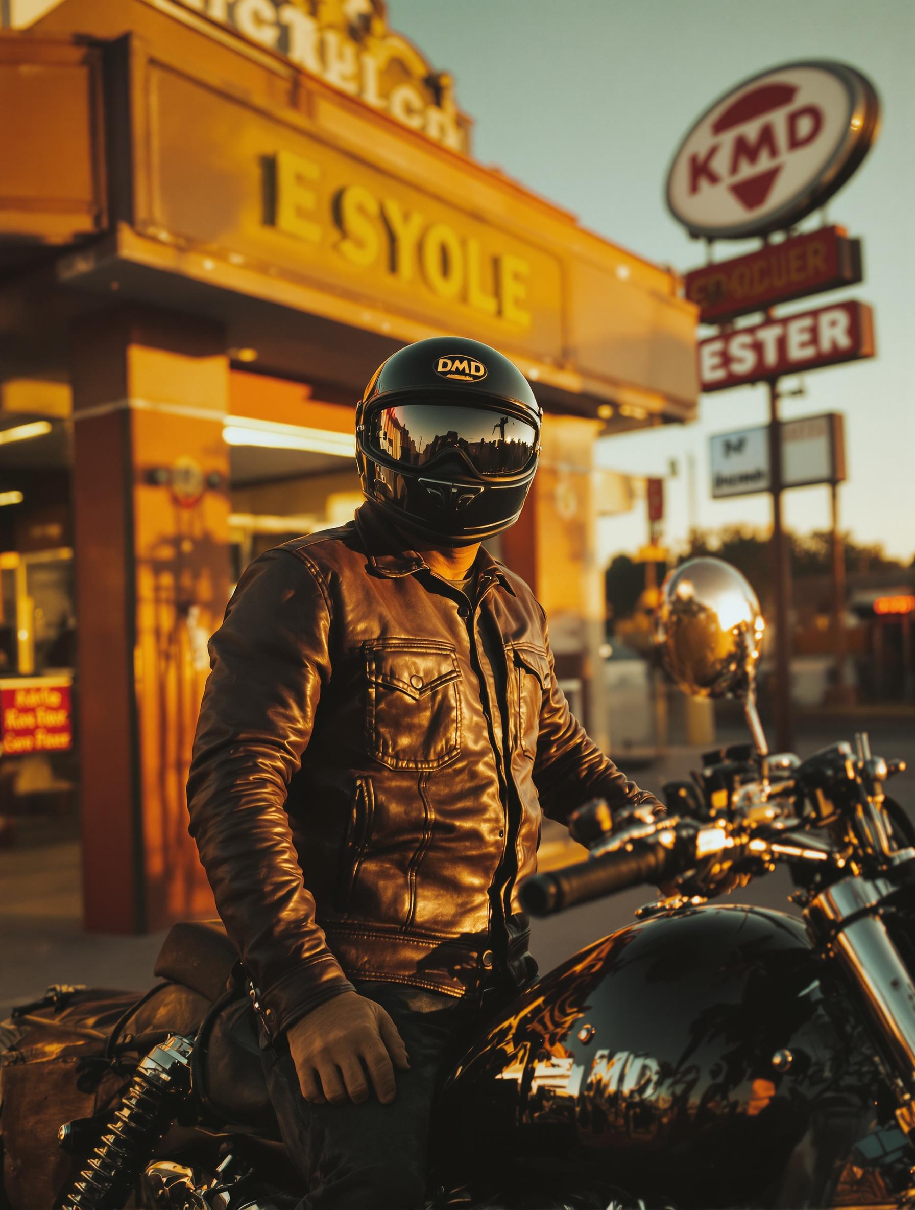 Motard vintage urbain équipé d'un casque DMD prêt à partir devant une station-service rétro