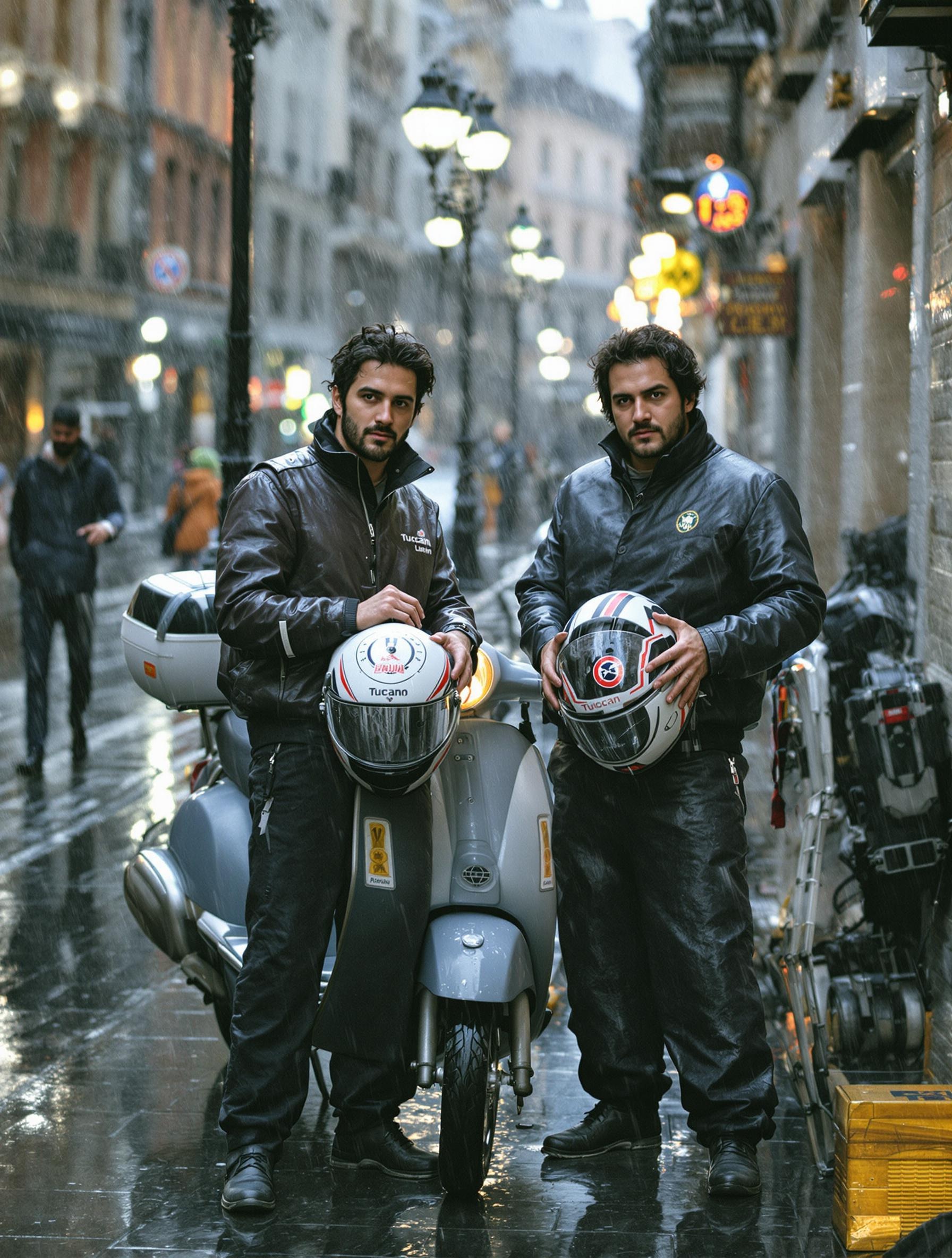 Deux motards italiens des années 90 sous la pluie à Milan devant un scooter équipé d'un tablier Tucano Urbano