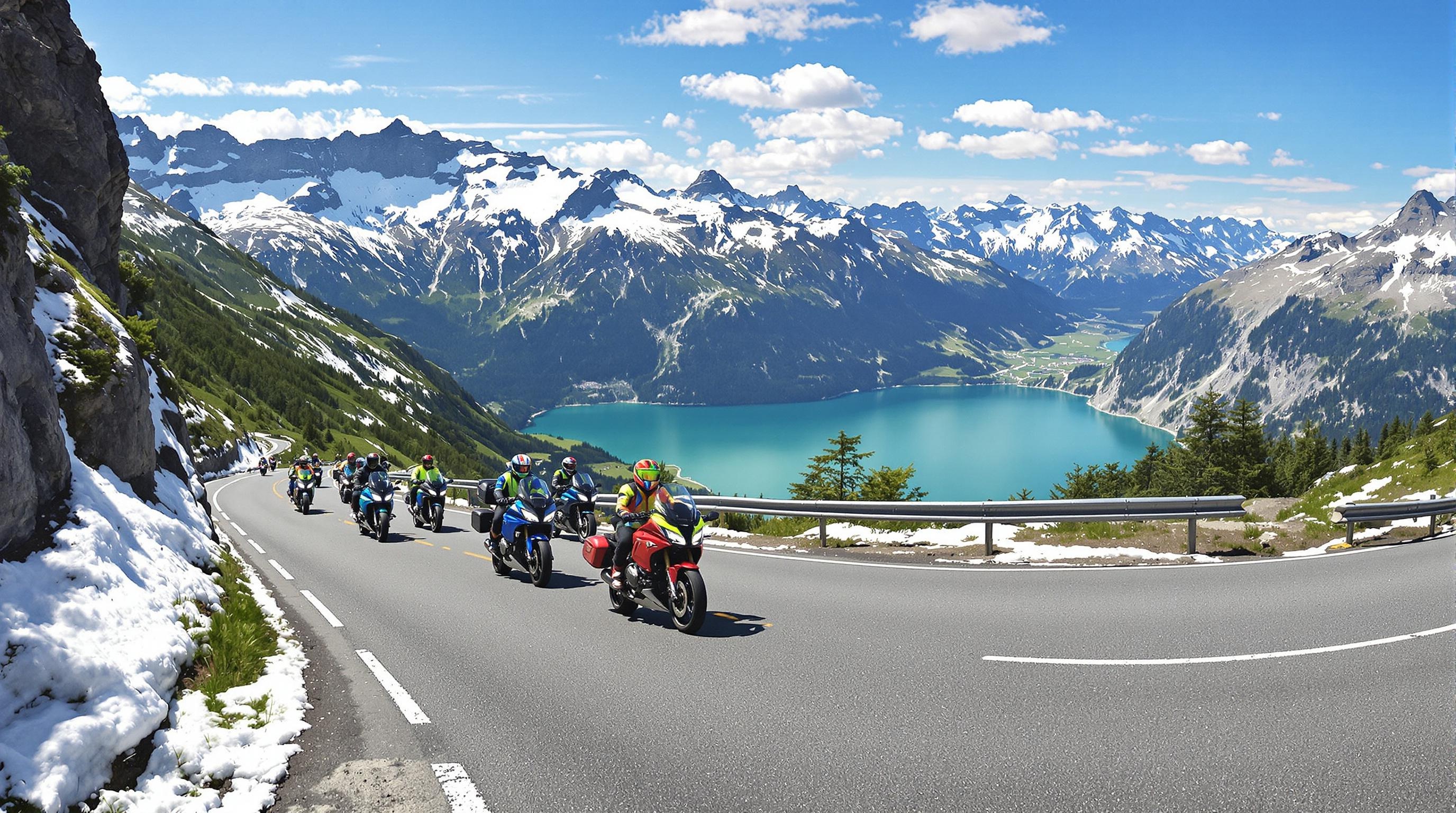 motards Route des Grandes Alpes cols enneigés lac Léman