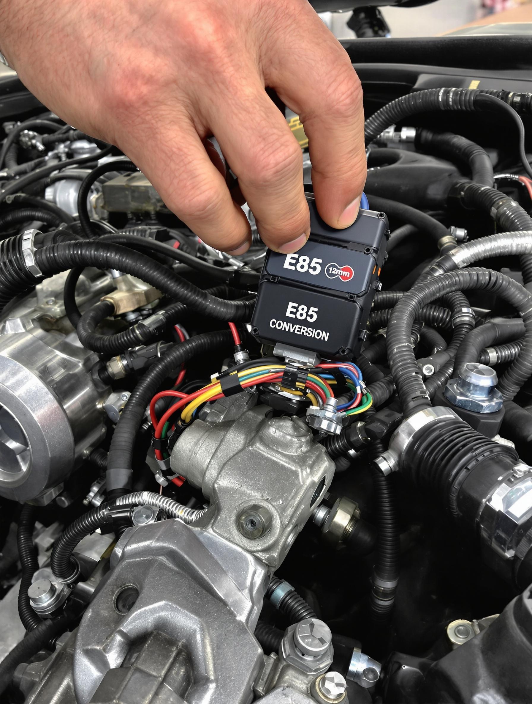 Installation d’un boîtier E85 avec faisceau et durites dans un atelier