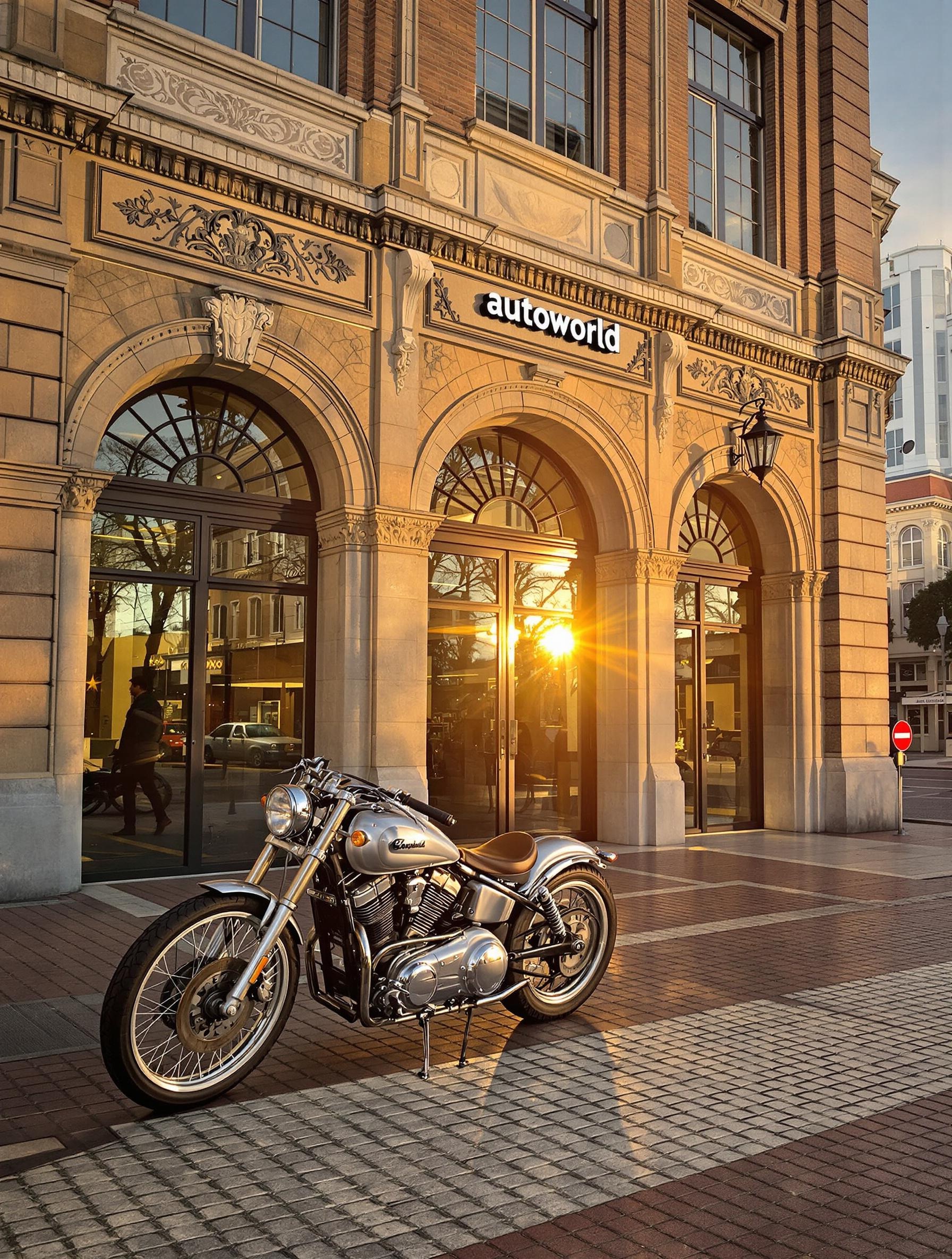 Moto stationnée devant Autoworld Bruxelles avec une atmosphère vintage