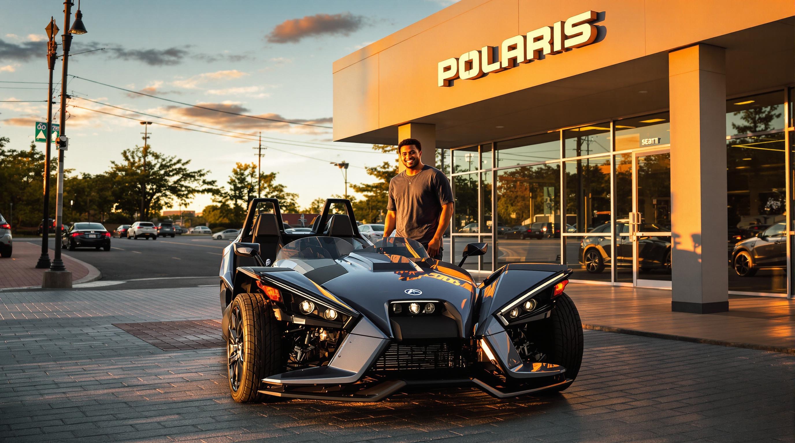 Achat d'un Polaris Slingshot chez un concessionnaire avec sourire