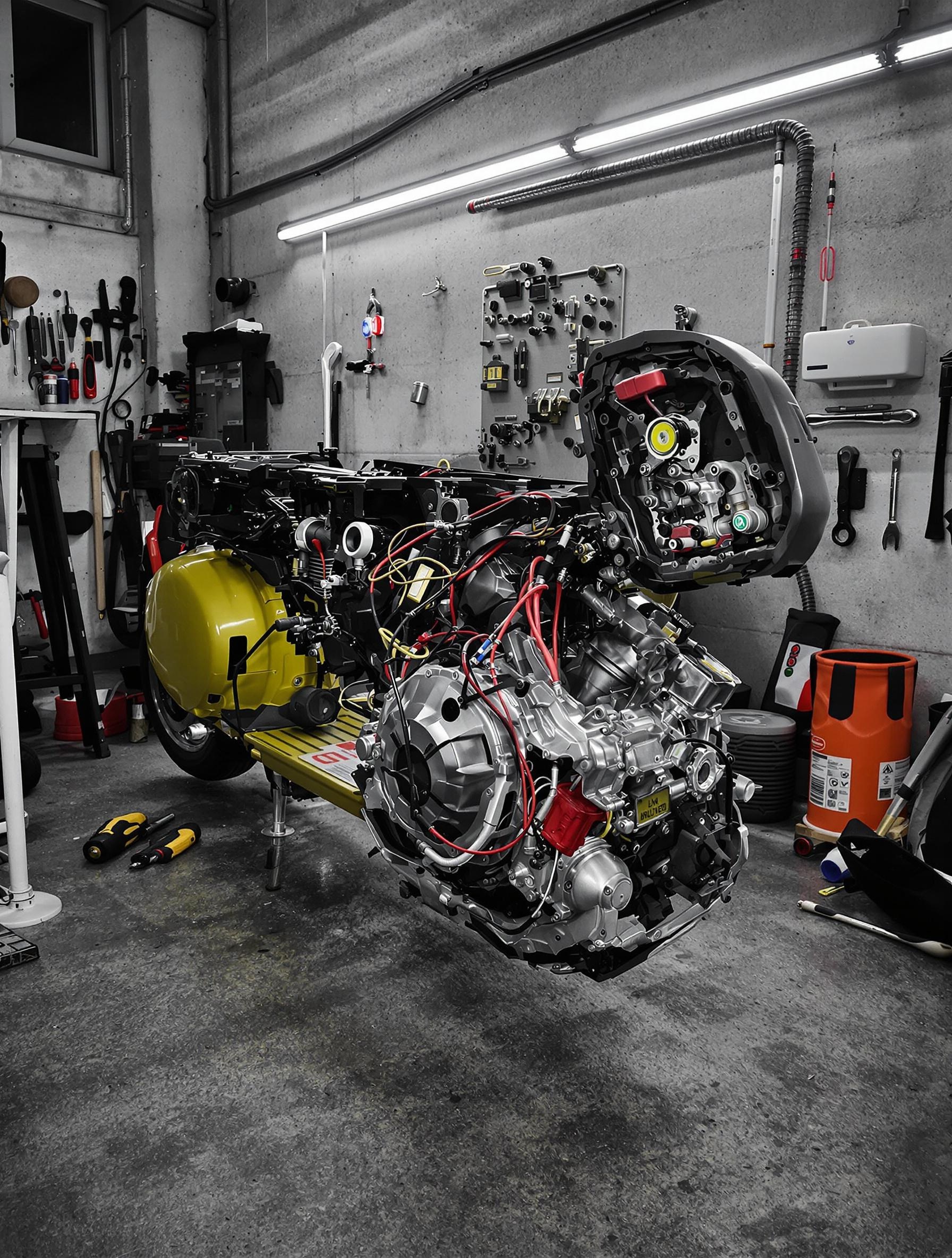 Moteur du Piaggio Beverly 350 démonté dans un atelier urbain