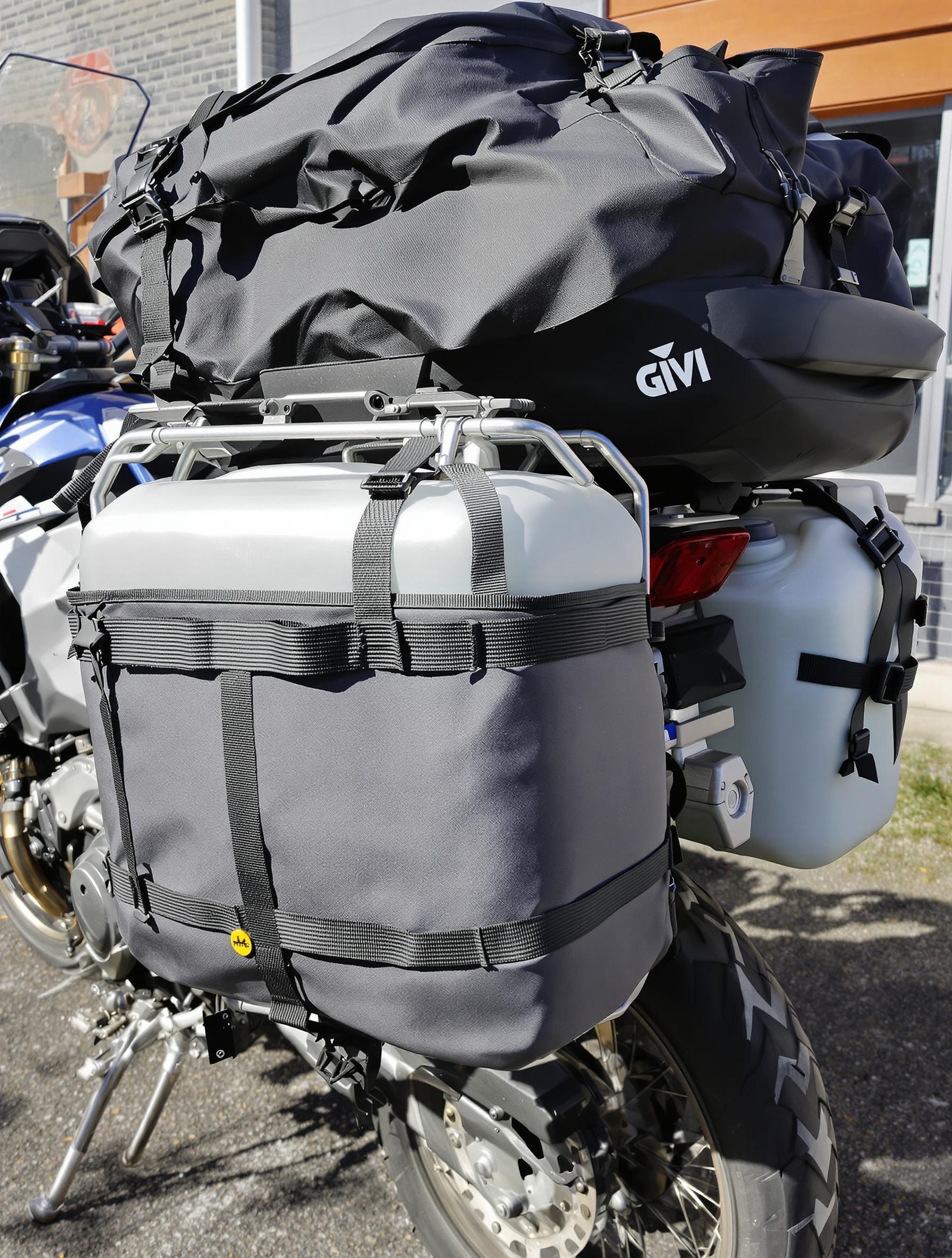 Pochettes étanches et jerricans Givi fixés sur une moto