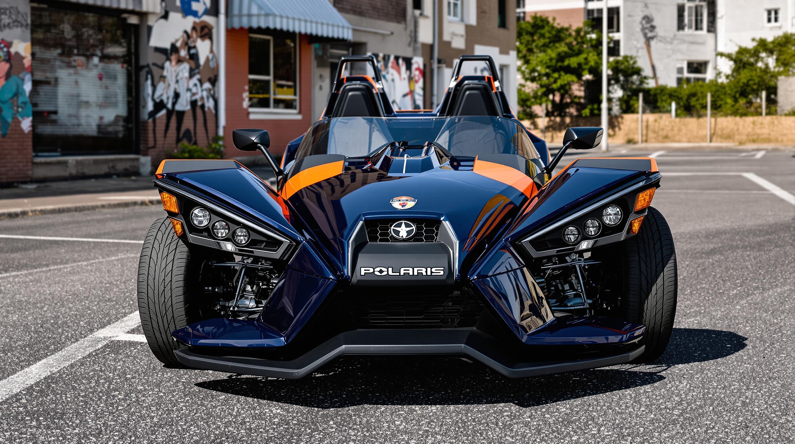 Polaris Slingshot trois roues dans un parking urbain