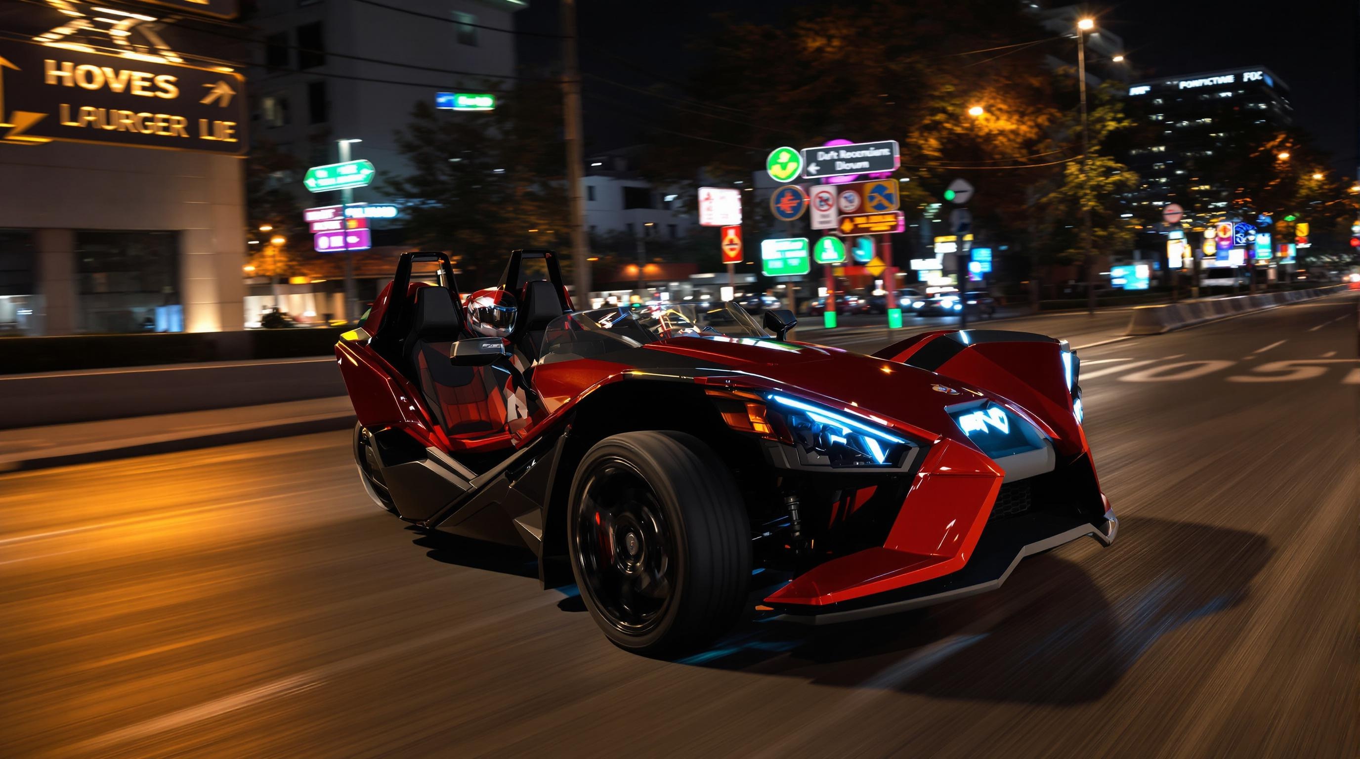 Polaris Slingshot dans un virage urbain de nuit