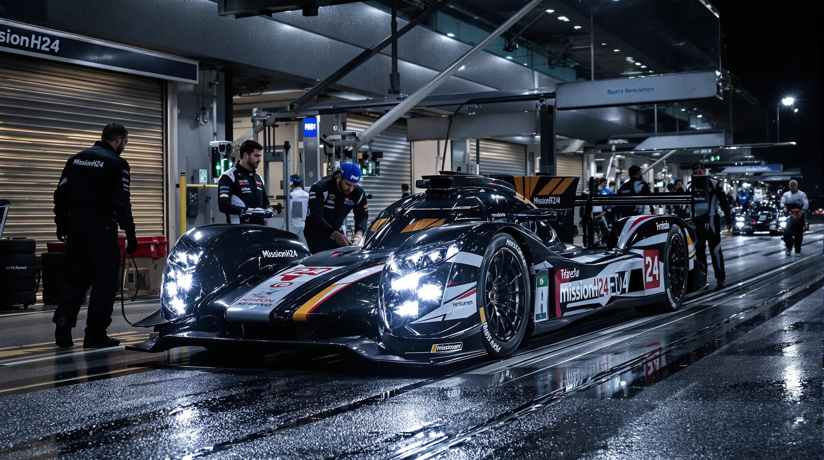 Prototype hydrogène MissionH24 H24EVO en action de nuit au Mans, ambiance pitlane mécanique