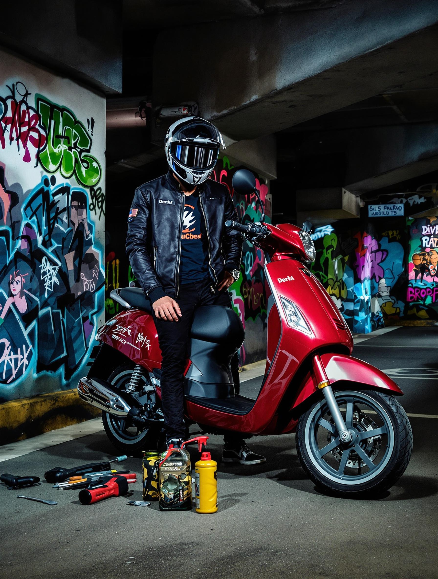 Rider urbain casqué premium devant une Derbi Senda 50cc dans un parking tagué