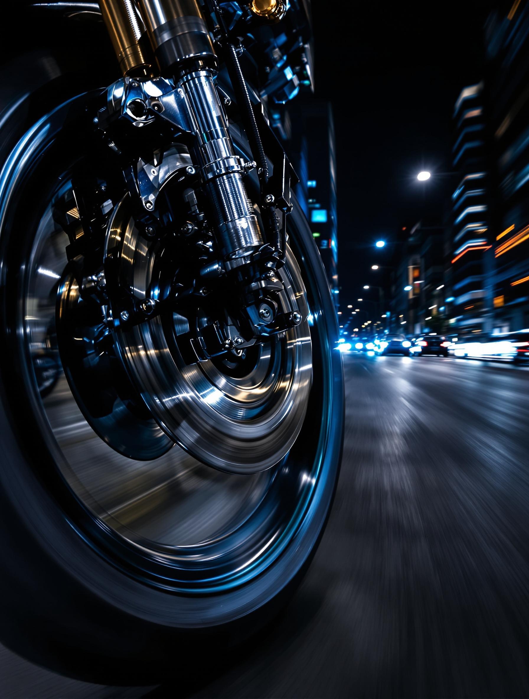 Roue de moto illustrant l'effet gyroscopique, clé de 12 en poche, ambiance urbaine nocturne