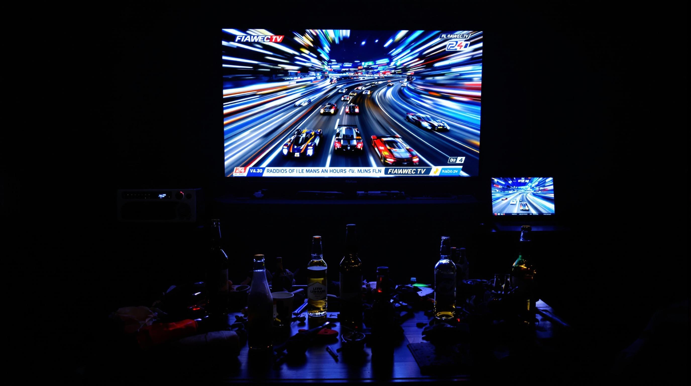 Salon ambiance fan avec écrans diffusant Le Mans TV streaming radio