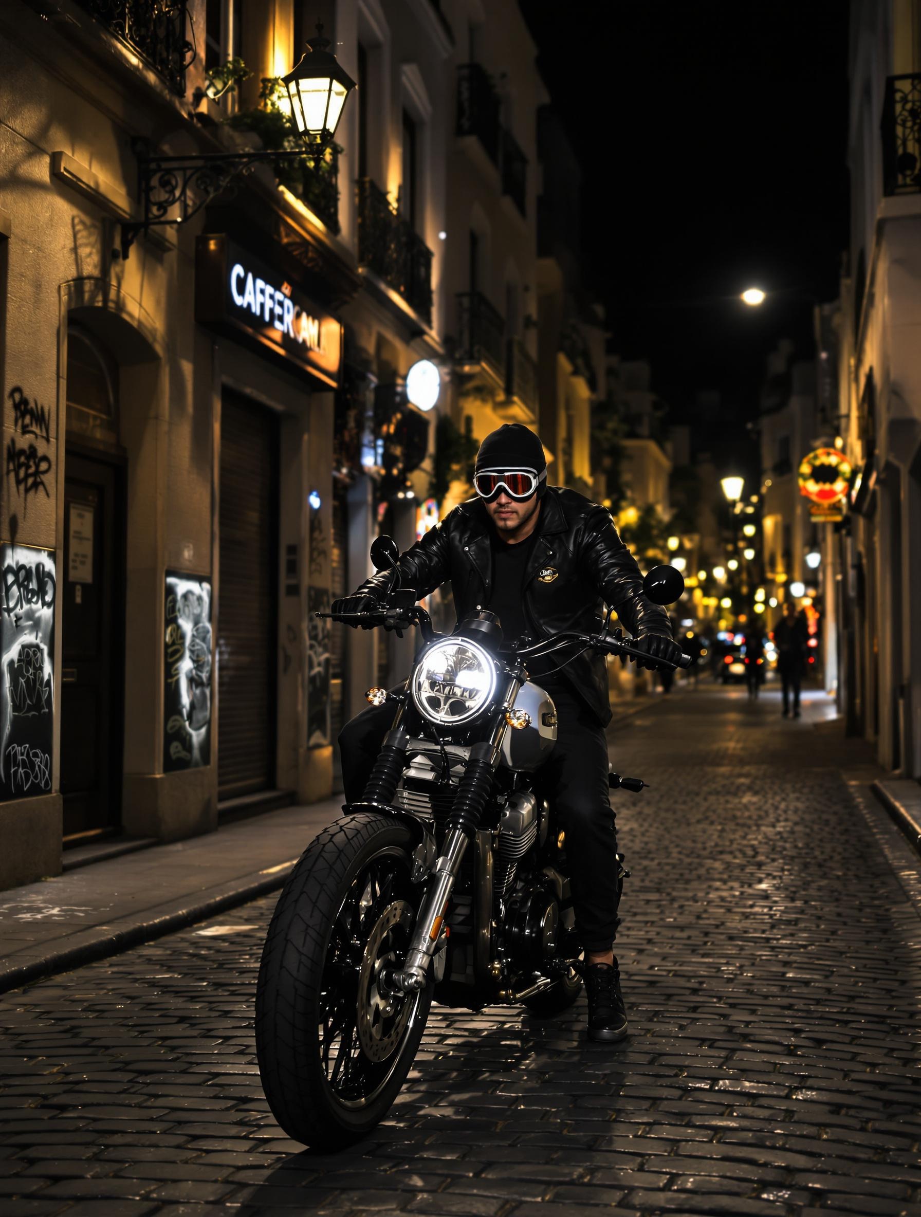Motard café racer à Montmartre avec lunettes Baruffaldi vintage