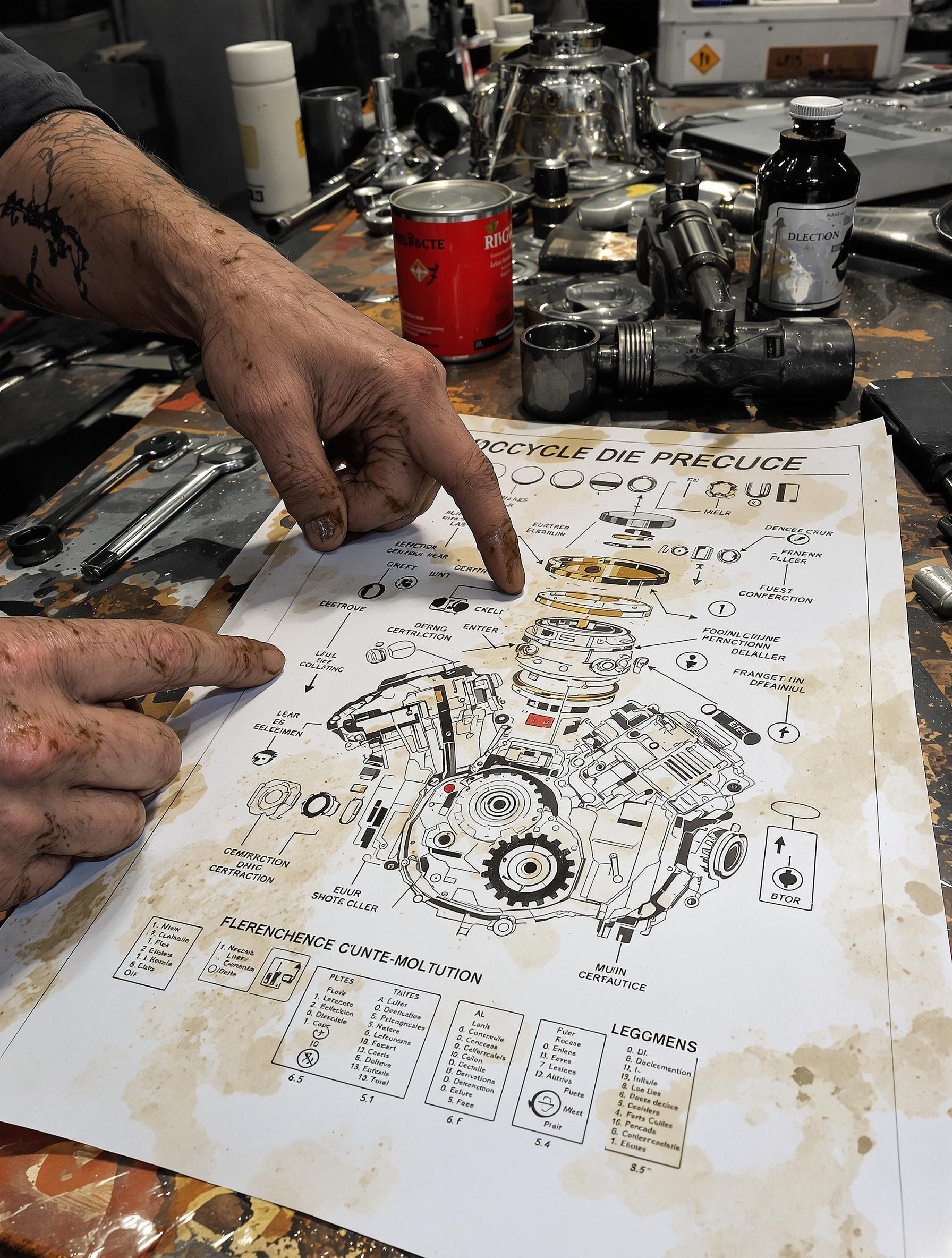 Schéma éclaté d’un moteur moto dans un atelier