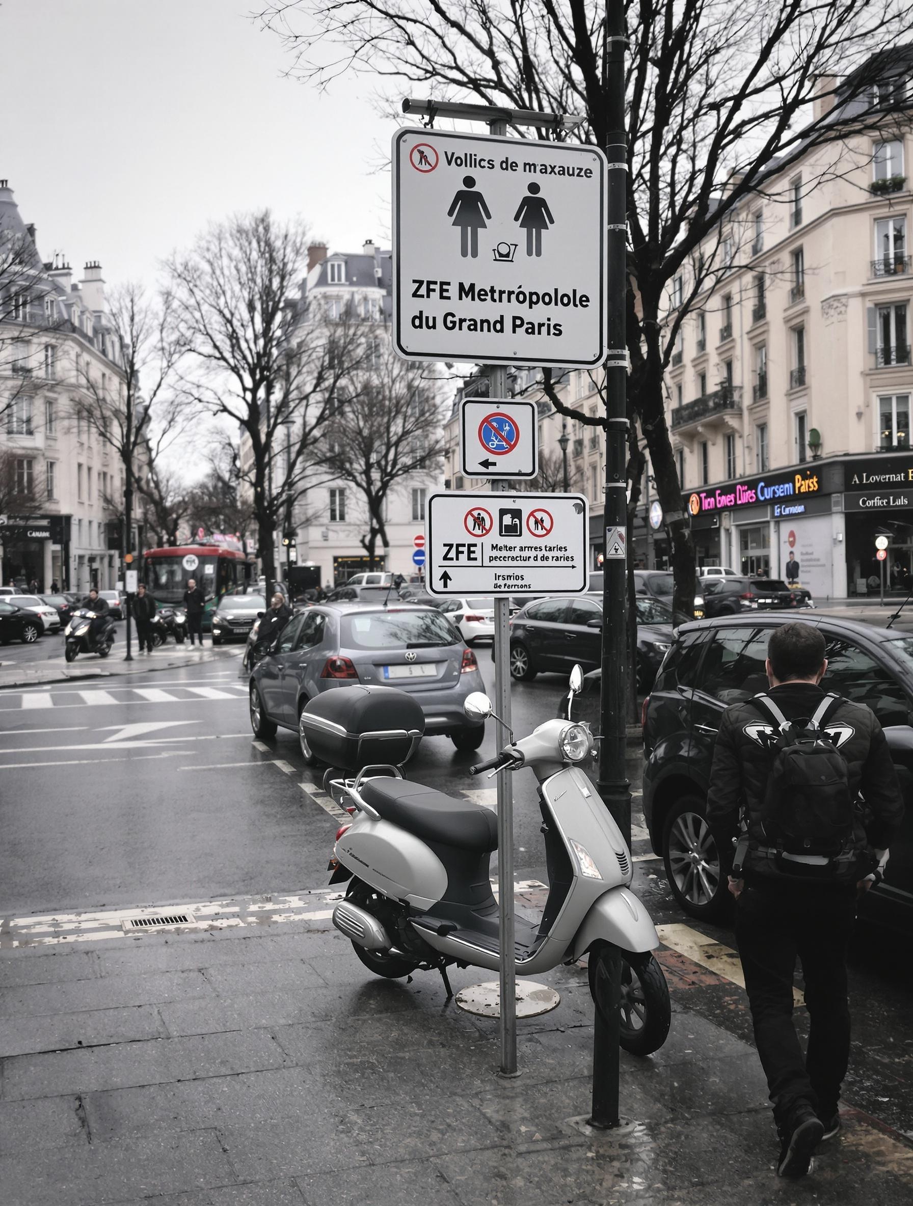 Scooter 125 arrêté devant panneau ZFE Métropole du Grand Paris scène urbaine matin gris