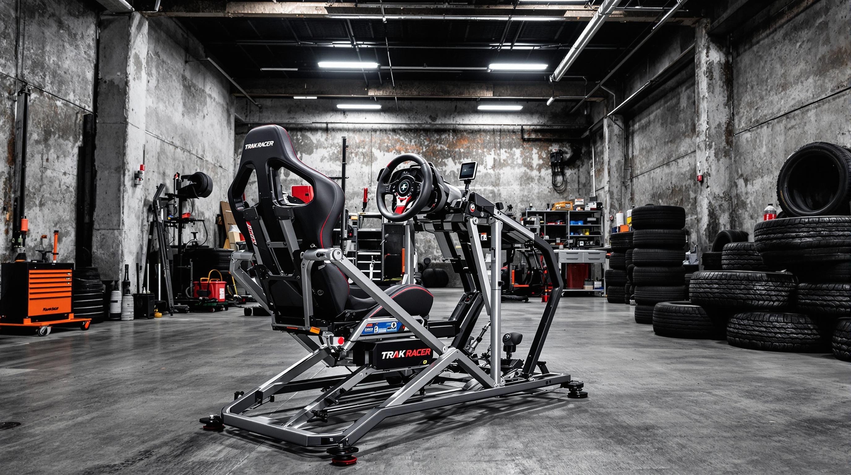 Simulateur Trak Racer RS6 avec volant et pédalier dans un garage urbain