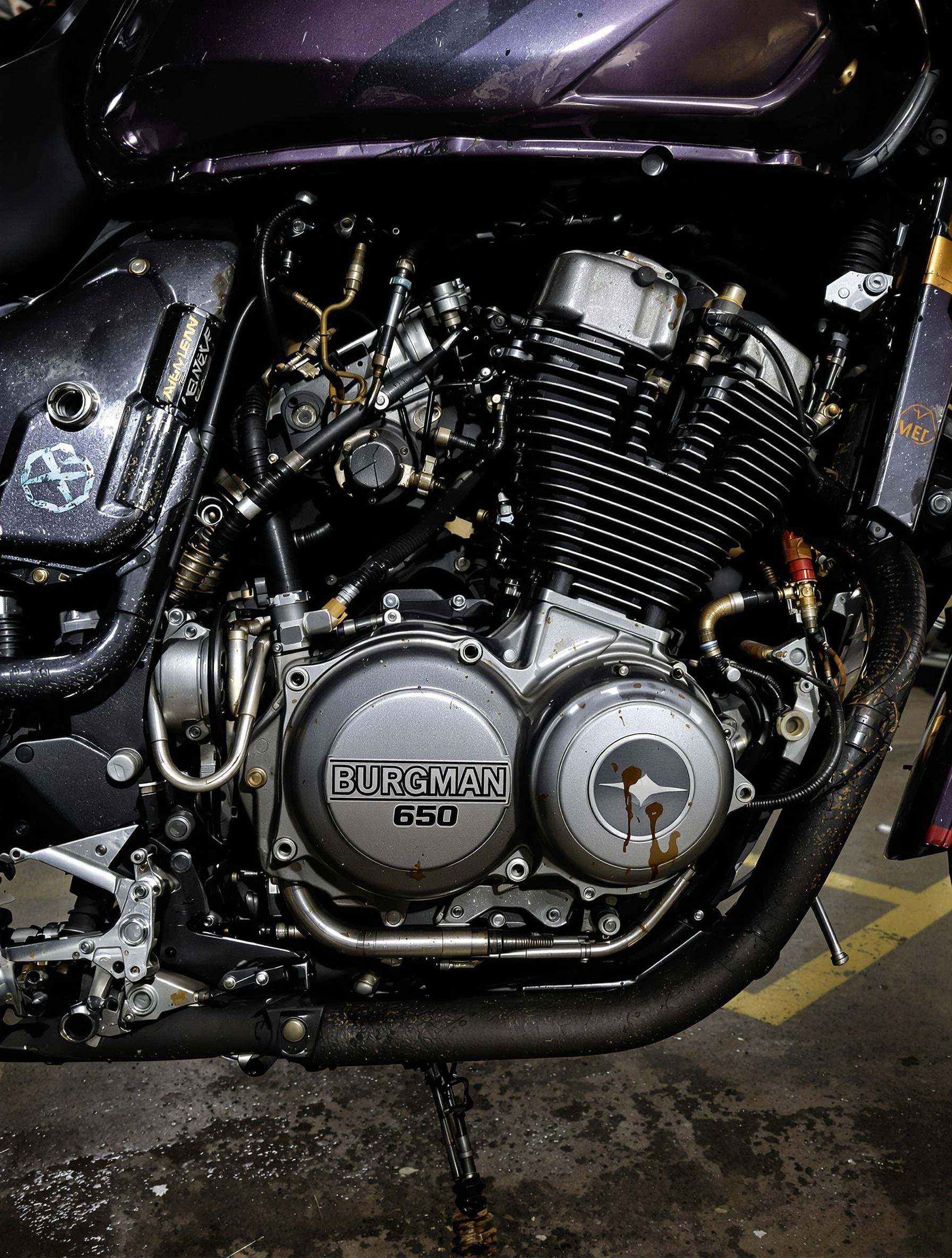 Vue moteur bicylindre Suzuki Burgman 650 atelier urbain
