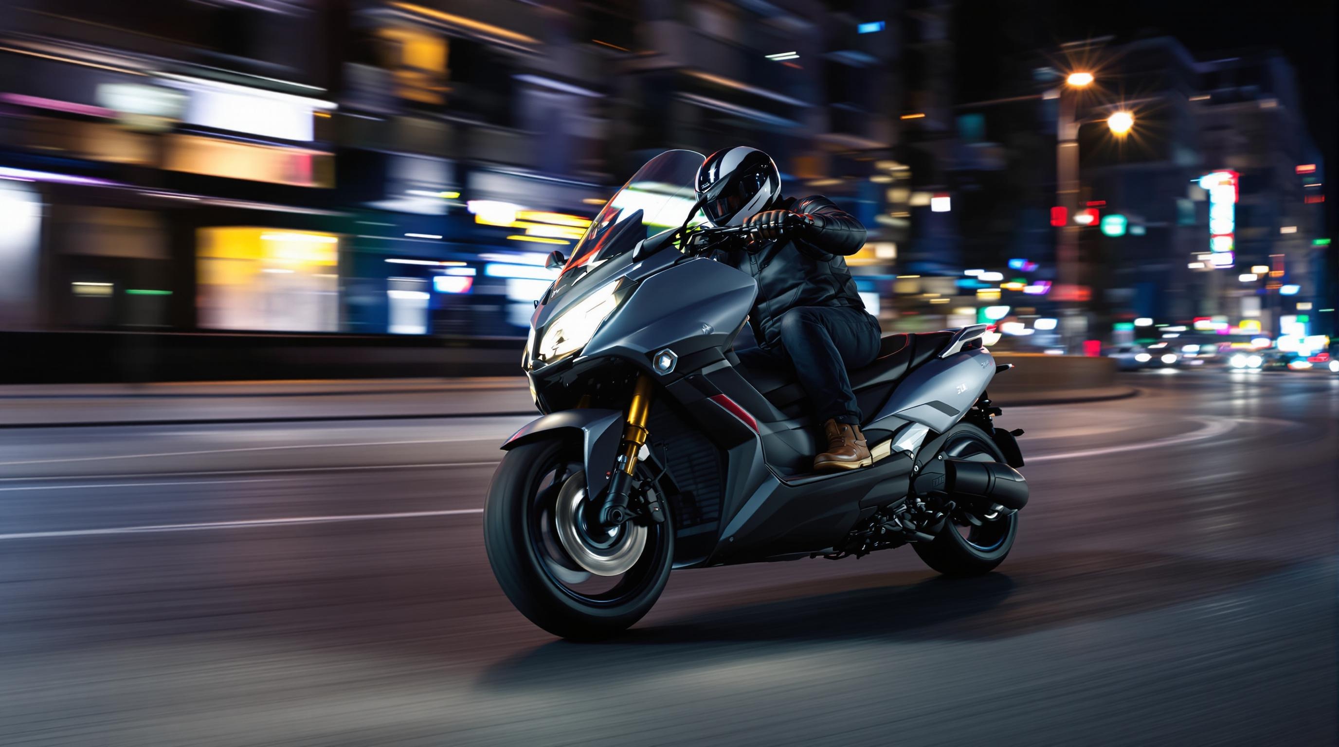 Suzuki Burgman 650 en virage urbain montrant cadre tubulaire et fourche