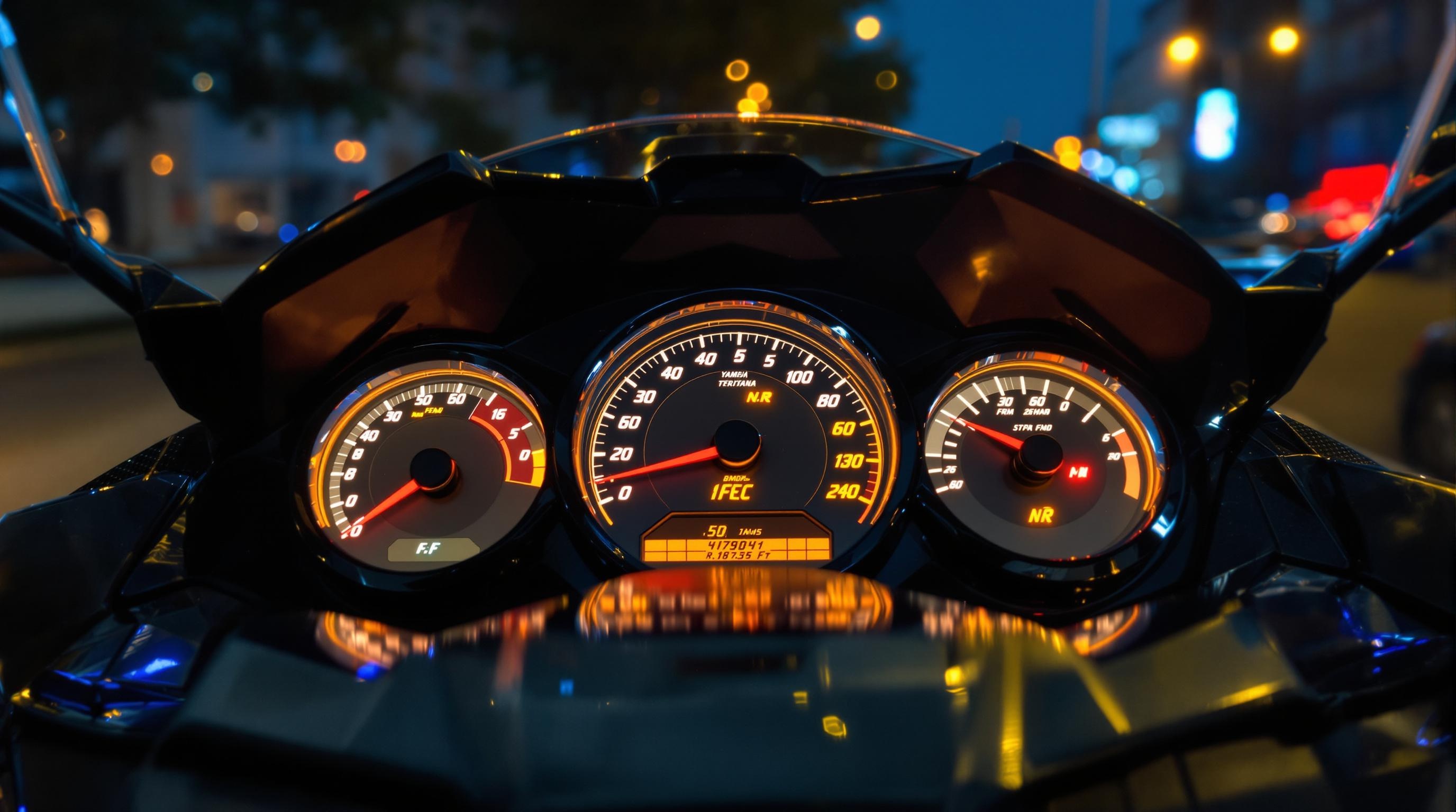 Tableau de bord du Yamaha Tricity 300 à pleine vitesse en milieu urbain nocturne
