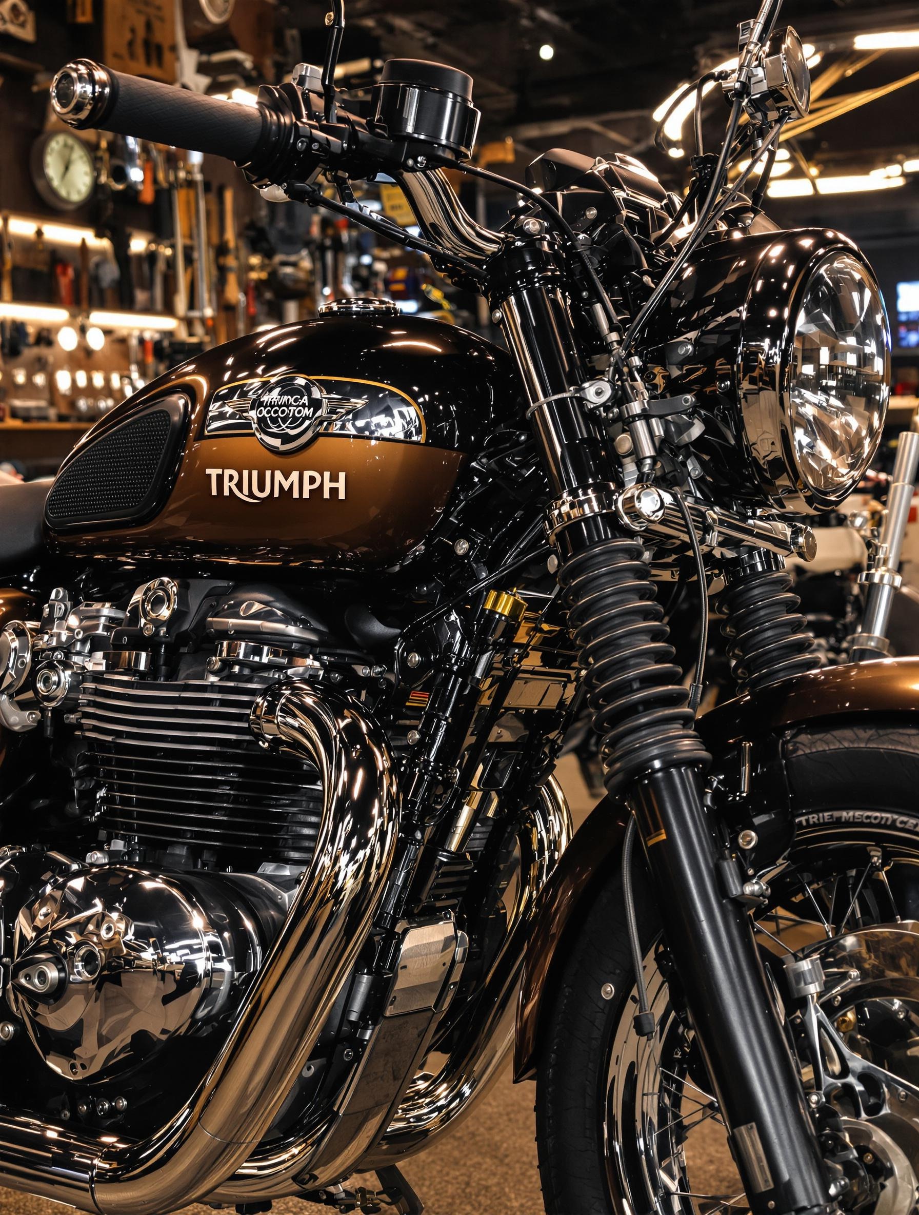Triumph Bonneville T100 Black et Thruxton dans un garage néo-rétro