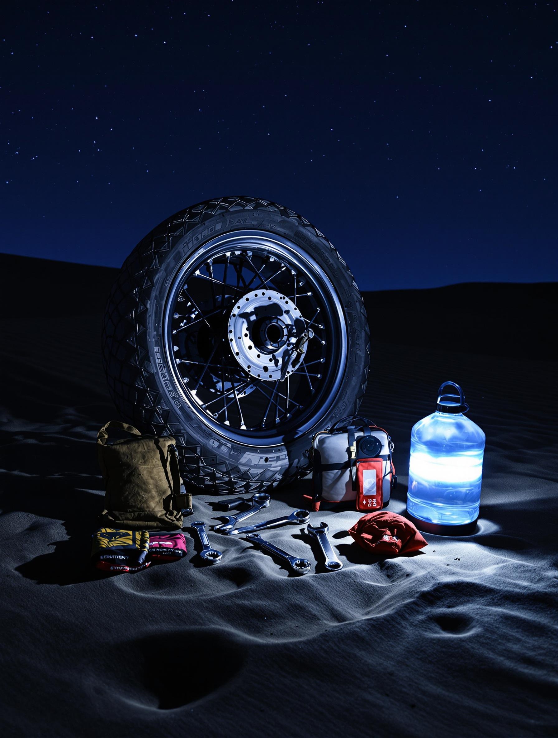 Trousse d’outils et kit de survie pour moto dans le désert, nuit et bivouac