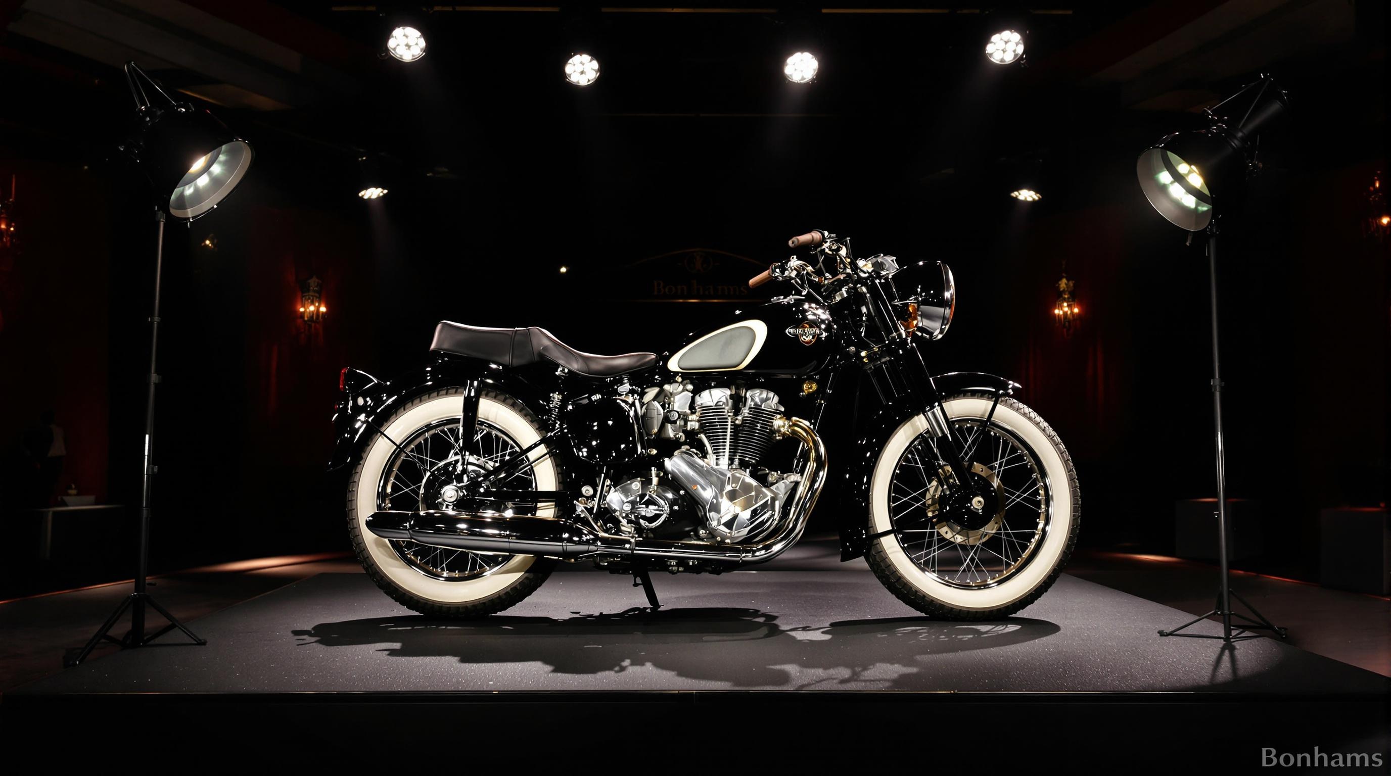 Moto d’époque à pneus blancs sur estrade Bonhams, projecteurs vintage