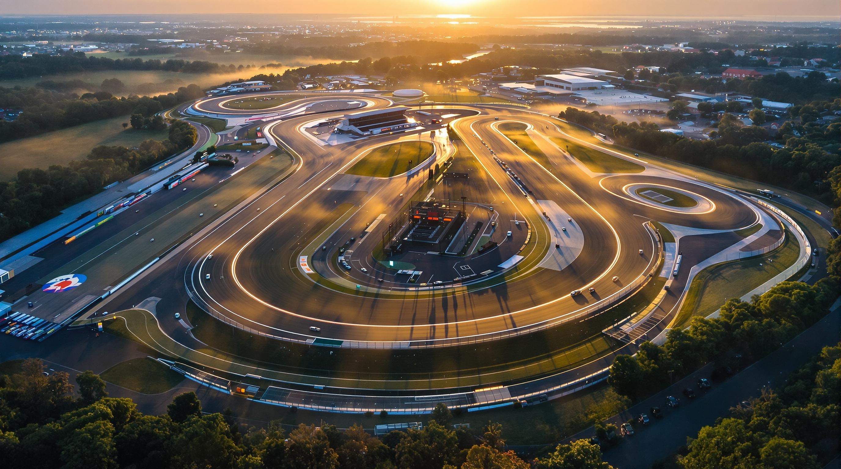 Vue aérienne du circuit de la Sarthe avec l'ambiance piste au lever du jour