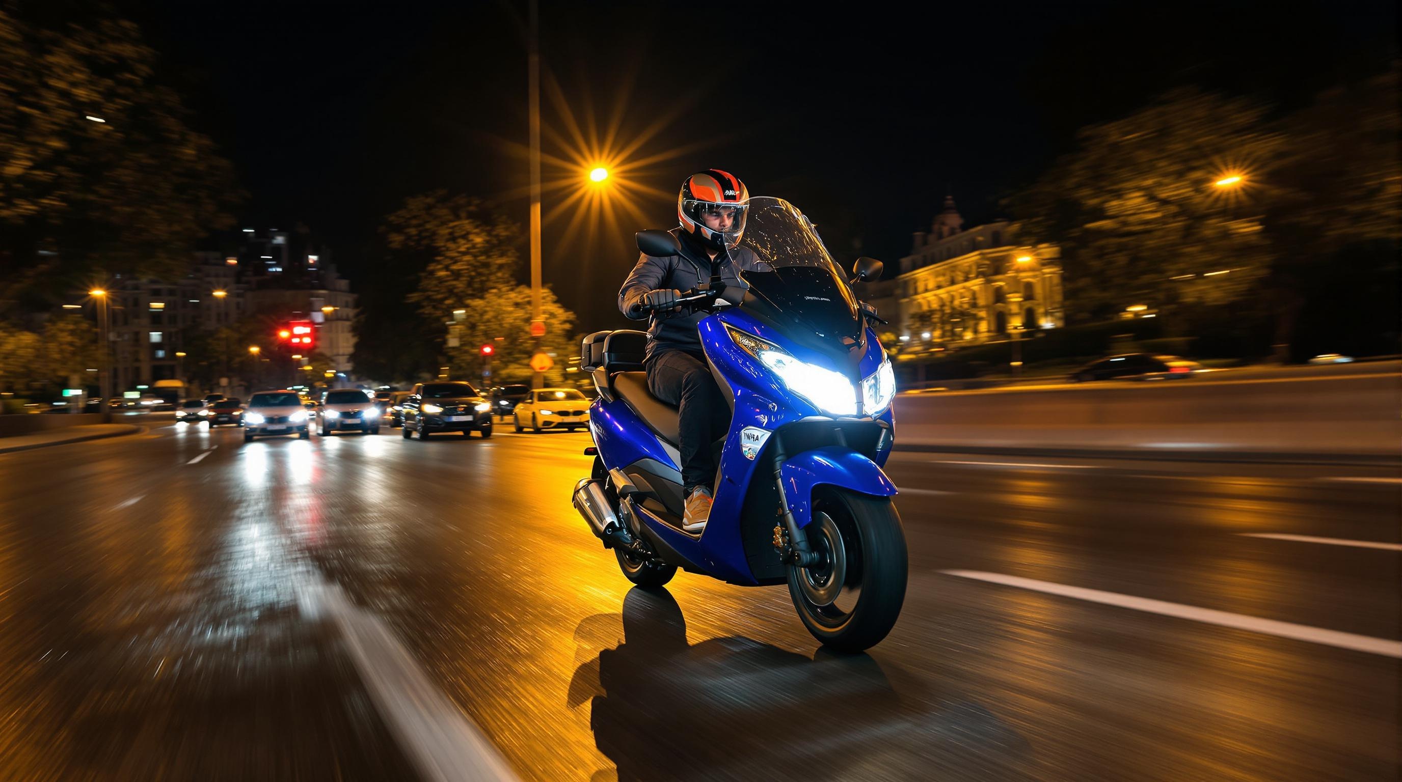Yamaha Tricity 300 roulant de nuit sur le périphérique urbain
