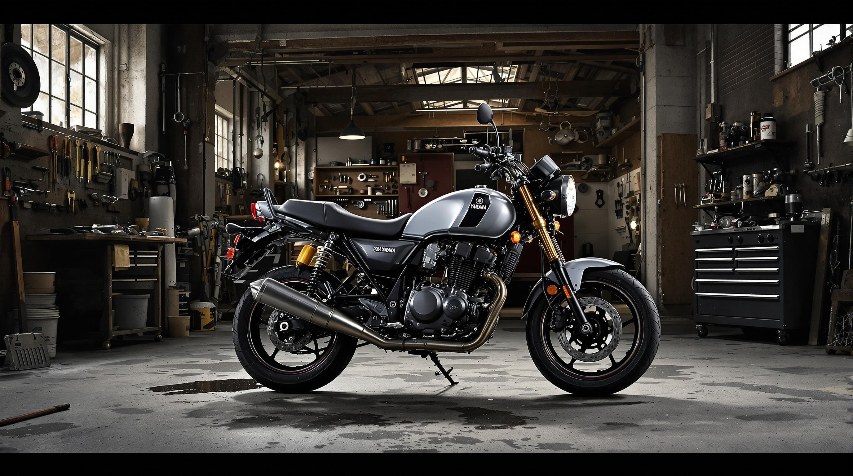 Yamaha TZR 50 garée devant un atelier mécanique avec outils posés