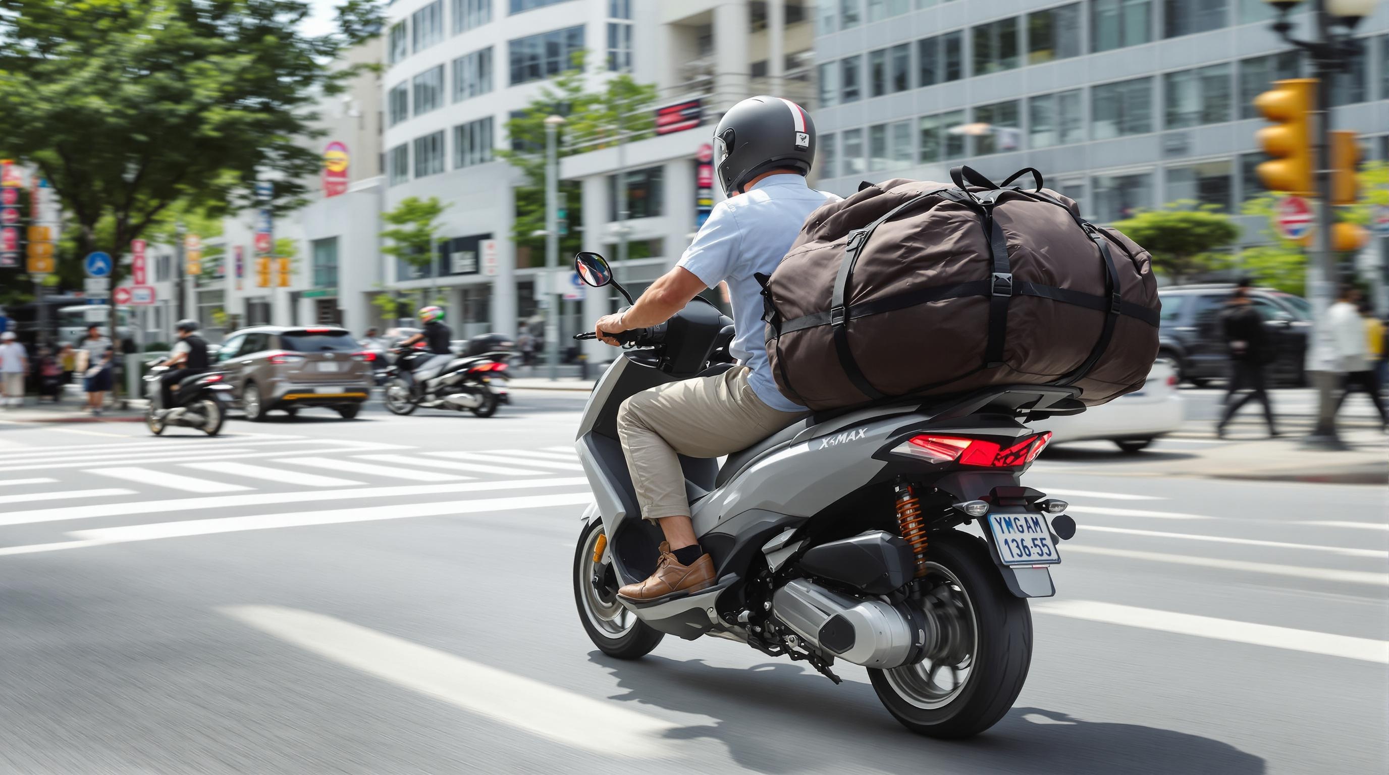 XMAX 125 chargé avec des bagages en milieu urbain