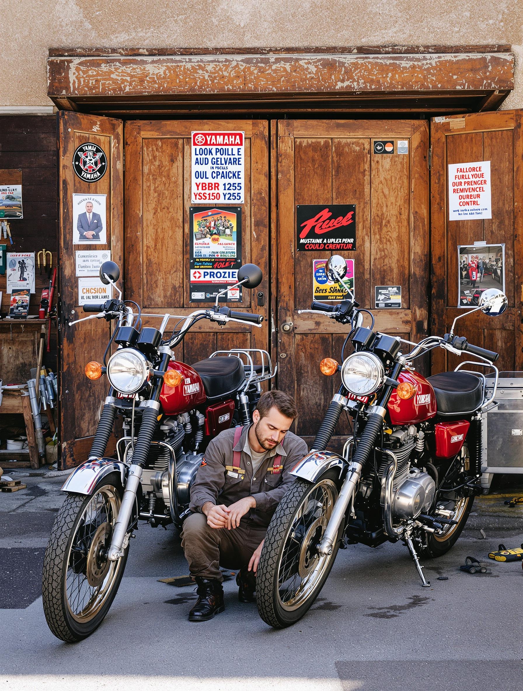 Yamaha YBR125 et YS125 devant atelier mécano huile chaude